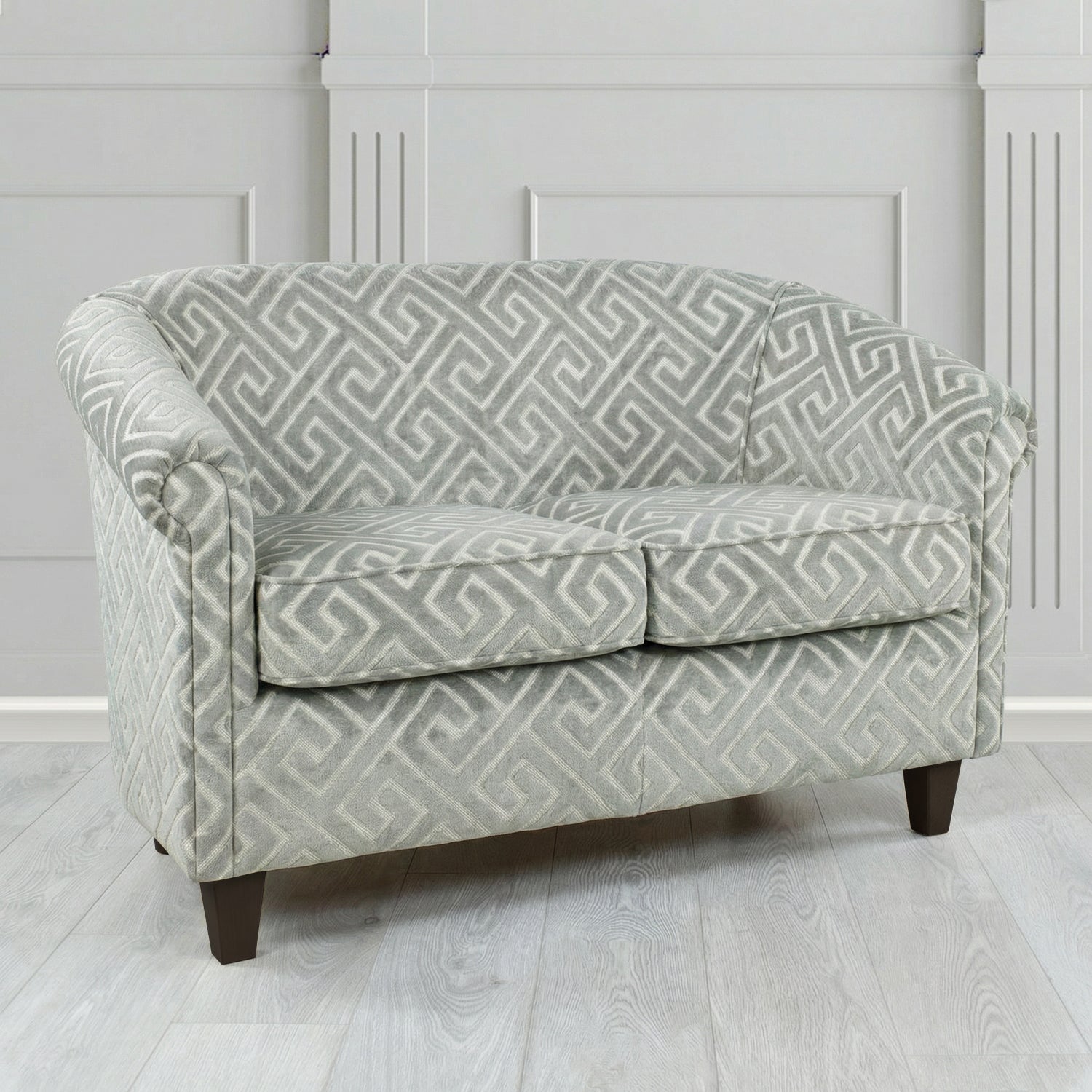 Siena 2 Seater Tub Sofa in Cristina Marrone Extravaganza Greek Key Geometric Fabric