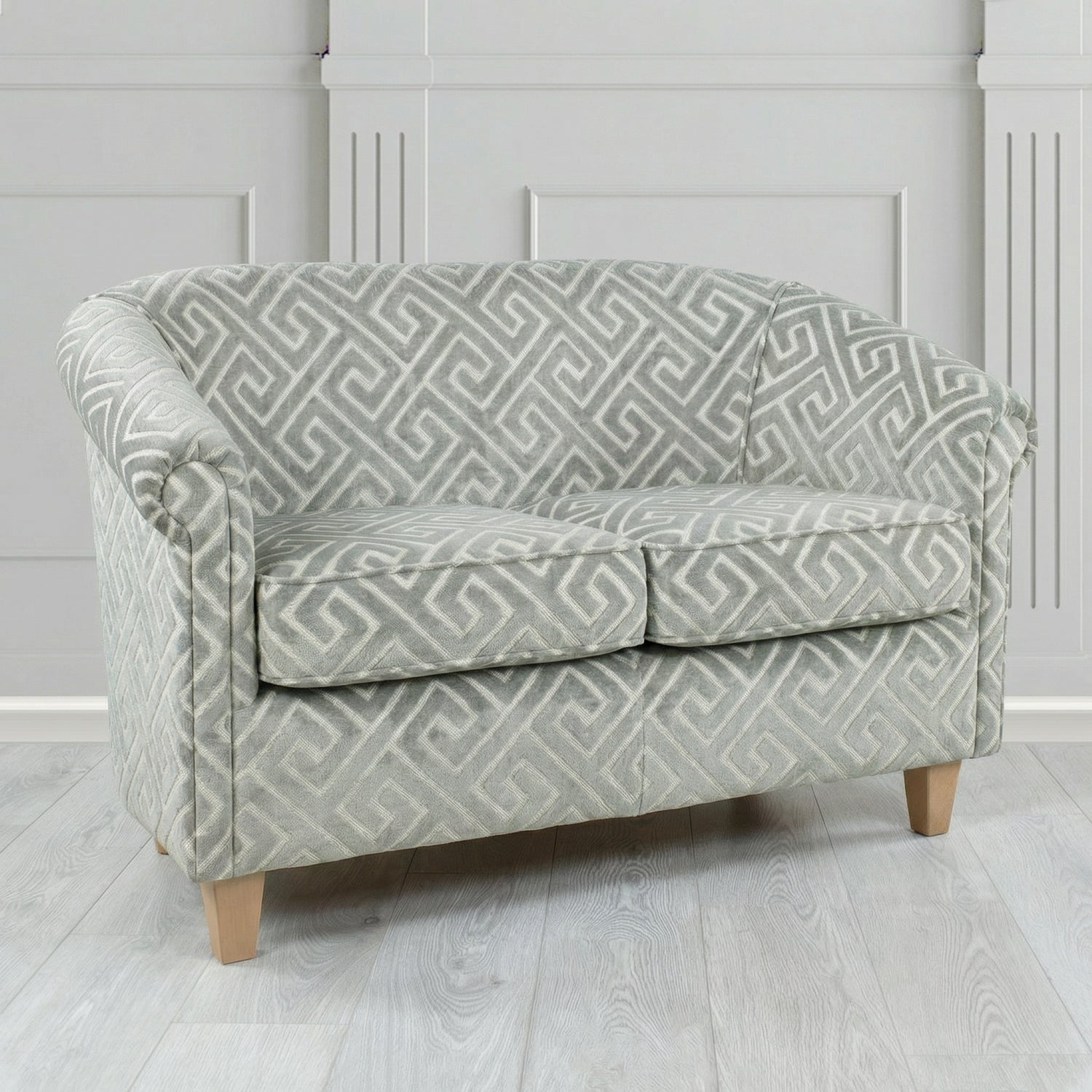 Siena 2 Seater Tub Sofa in Cristina Marrone Extravaganza Greek Key Geometric Fabric