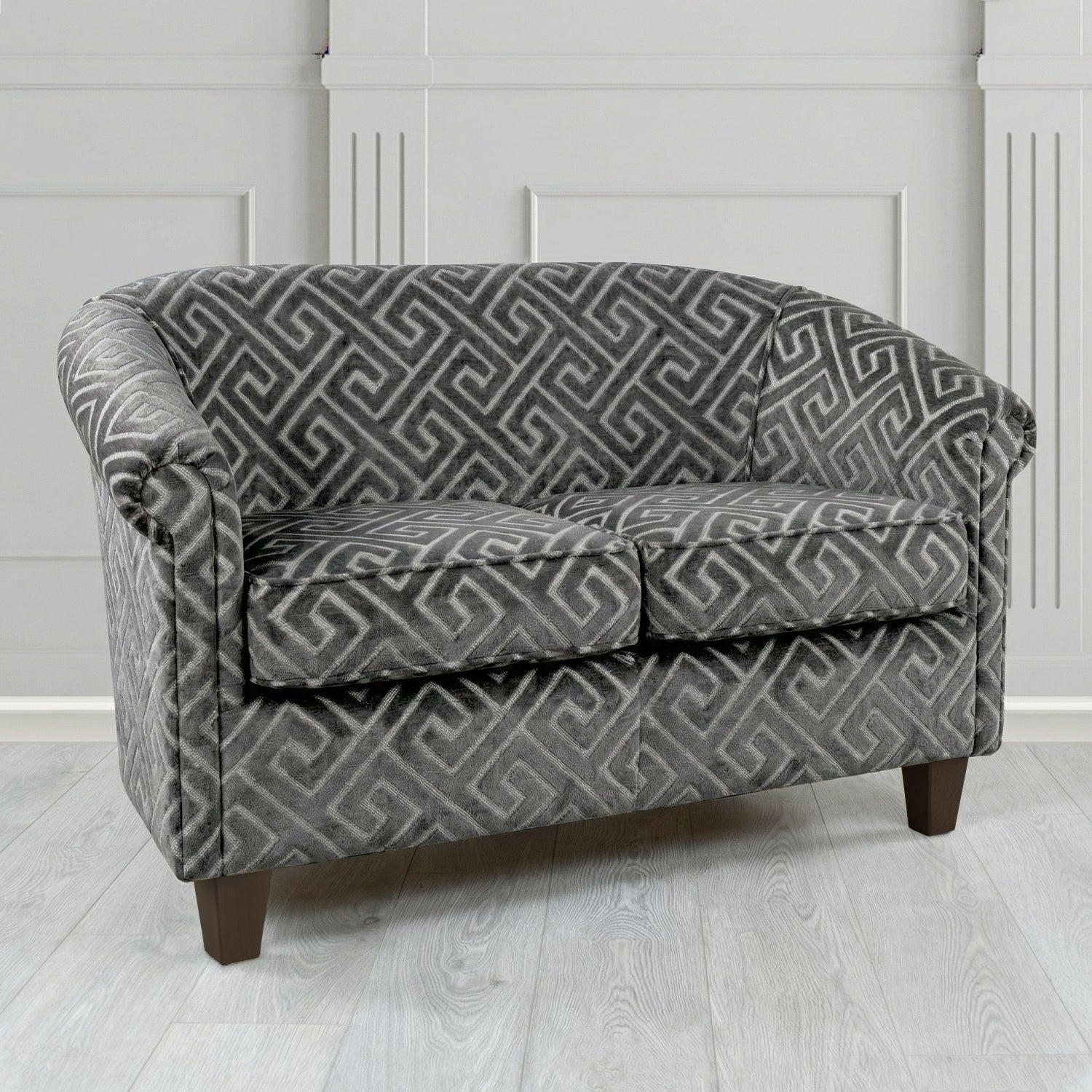 Siena 2 Seater Tub Sofa in Cristina Marrone Extravaganza Greek Key Geometric Fabric