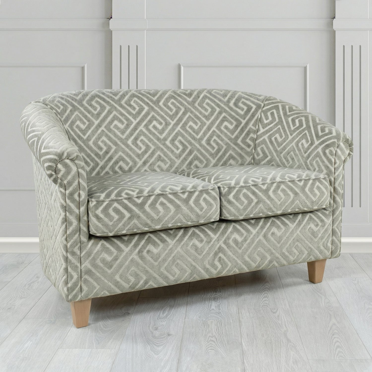 Siena 2 Seater Tub Sofa in Cristina Marrone Extravaganza Greek Key Geometric Fabric