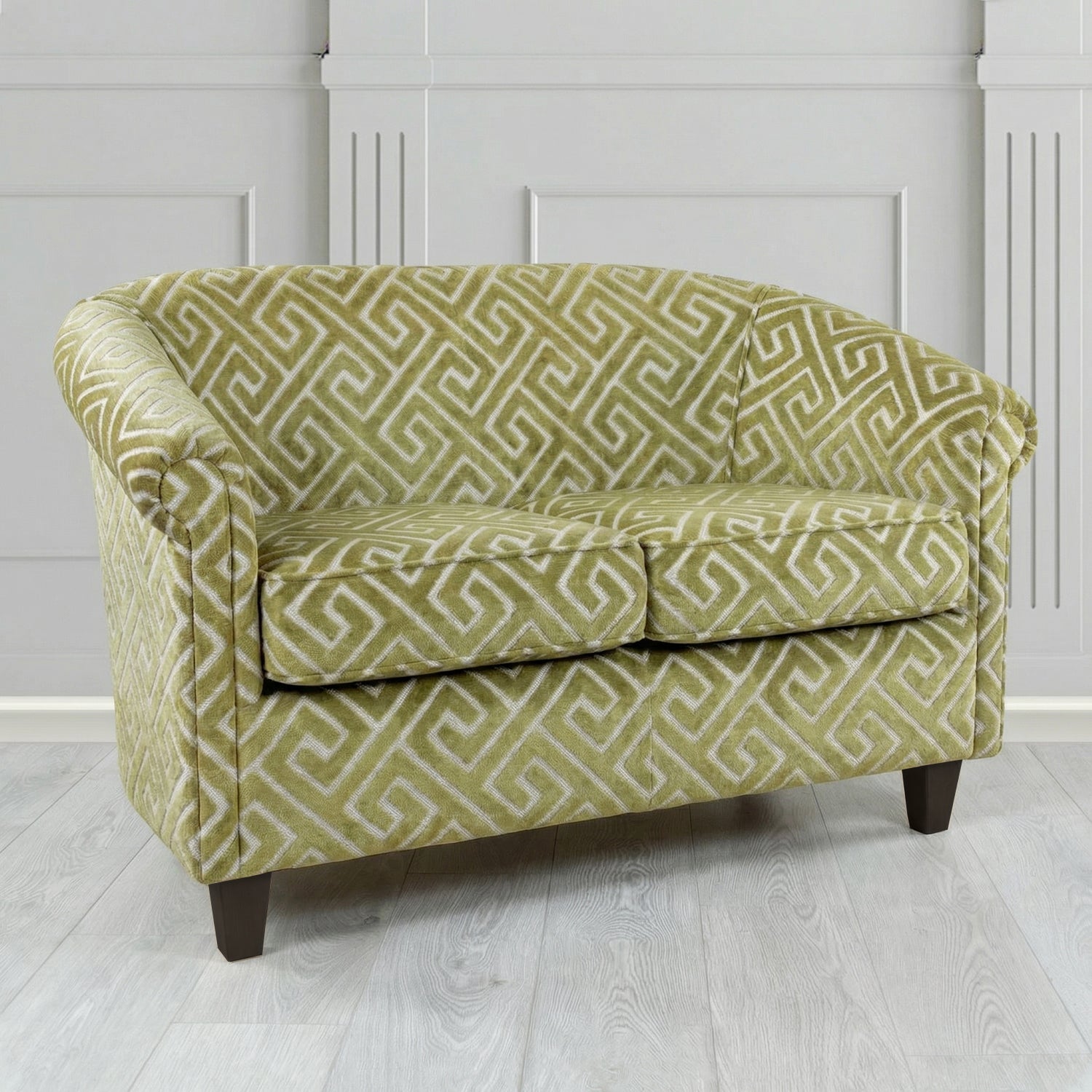 Siena 2 Seater Tub Sofa in Cristina Marrone Extravaganza Greek Key Geometric Fabric
