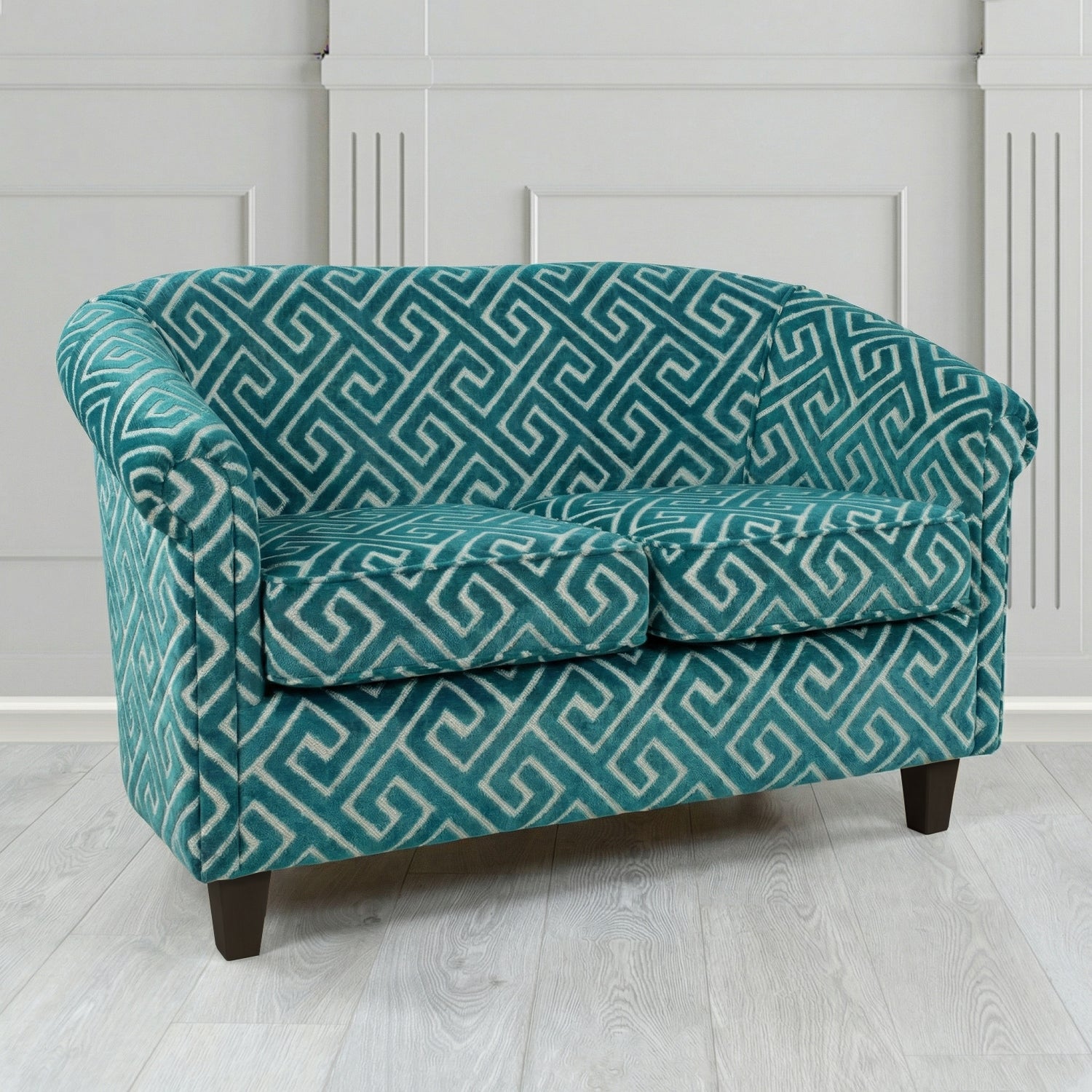 Siena 2 Seater Tub Sofa in Cristina Marrone Extravaganza Greek Key Geometric Fabric