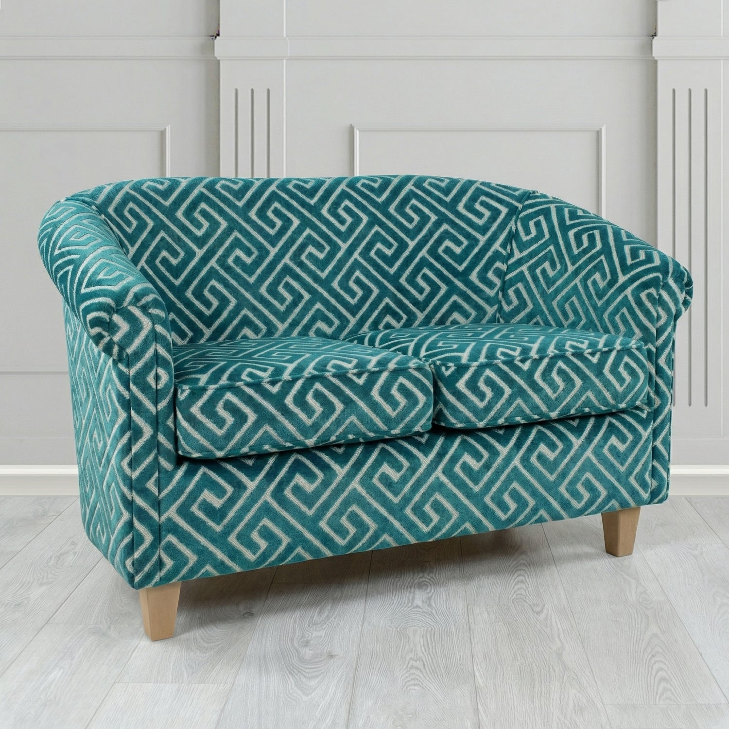 Siena 2 Seater Tub Sofa in Cristina Marrone Extravaganza Greek Key Geometric Fabric