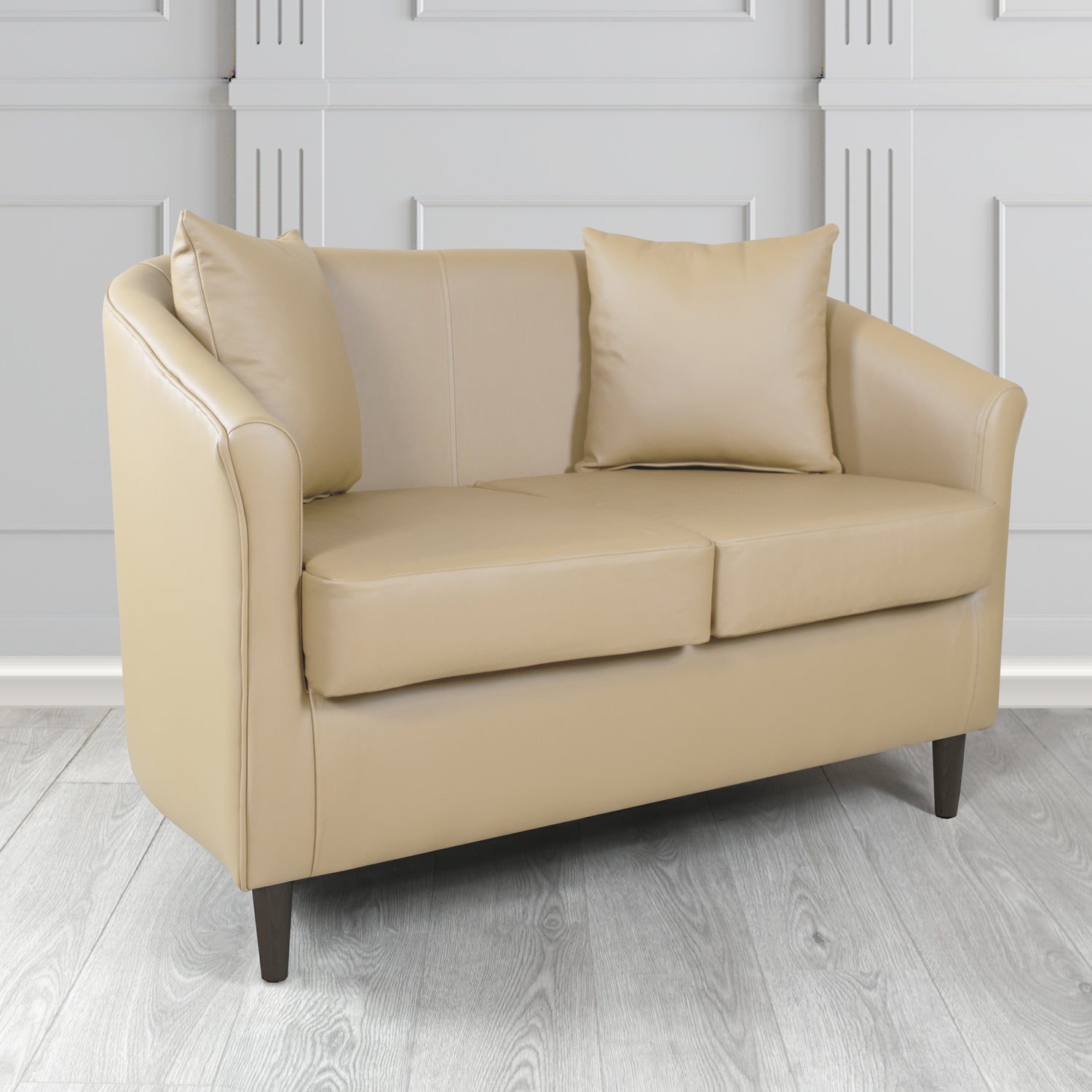 St Tropez 2 Seater Tub Sofa in Shelly Crib 5 Genuine Leather with Scatter Cushions