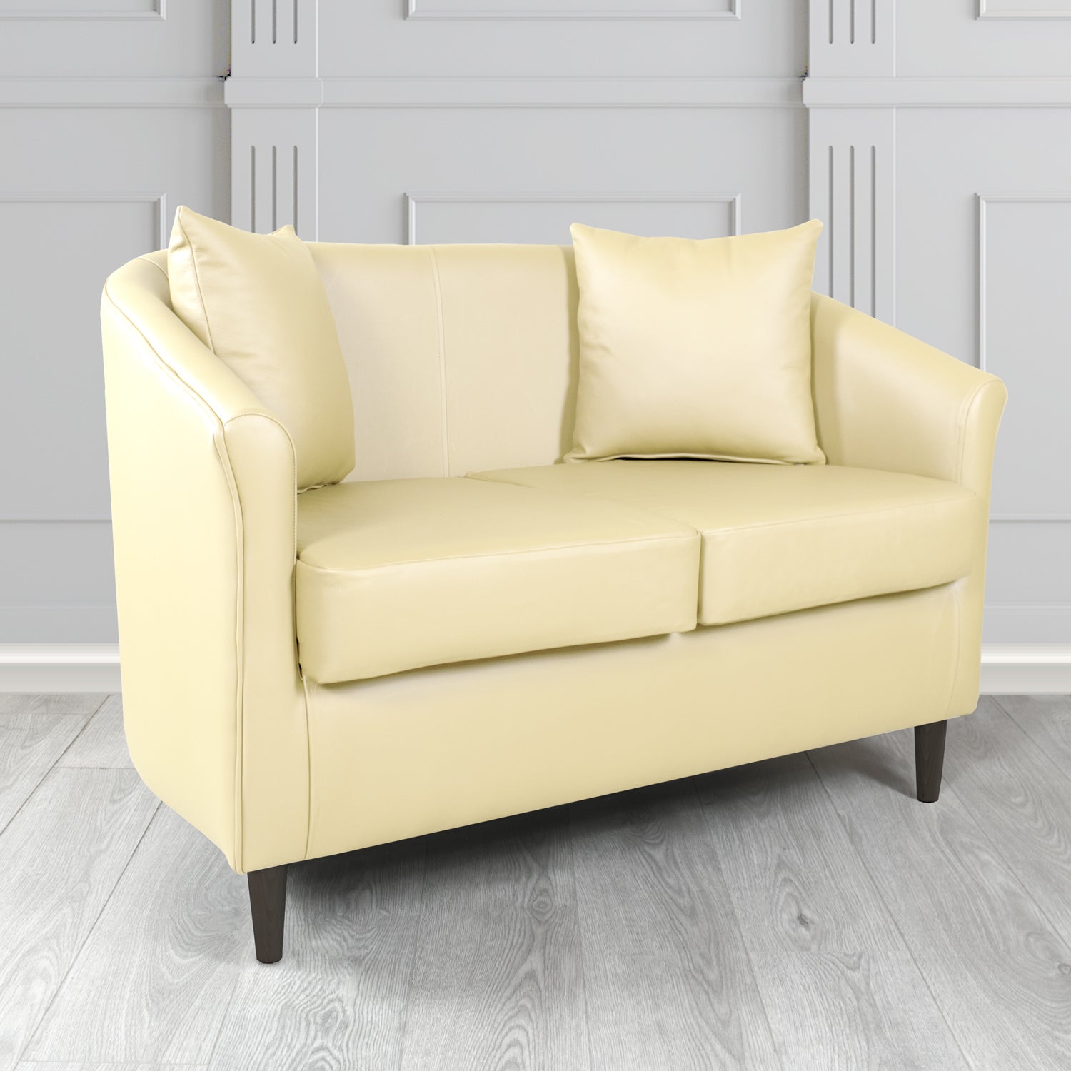 St Tropez 2 Seater Tub Sofa in Shelly Crib 5 Genuine Leather with Scatter Cushions
