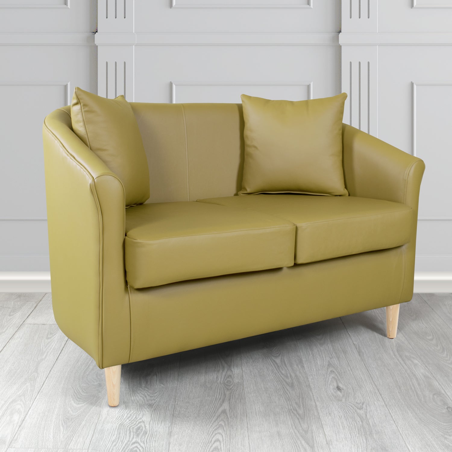 St Tropez 2 Seater Tub Sofa in Shelly Crib 5 Genuine Leather with Scatter Cushions