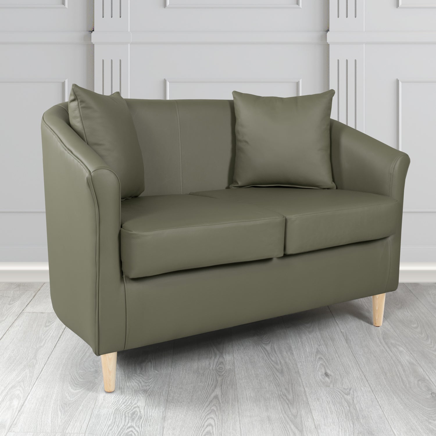 St Tropez 2 Seater Tub Sofa in Shelly Crib 5 Genuine Leather with Scatter Cushions