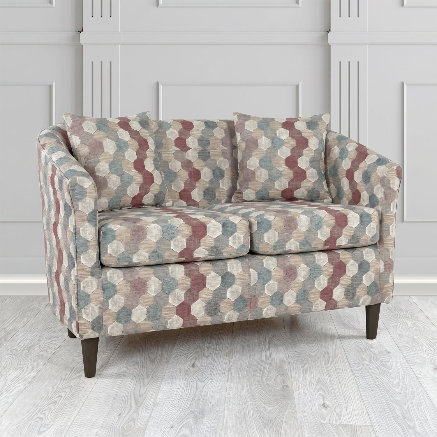 St Tropez 2 Seater Tub Sofa in Cristina Marrone Extravaganza Honeycomb Velvet Pattern Fabric with Scatter Cushion