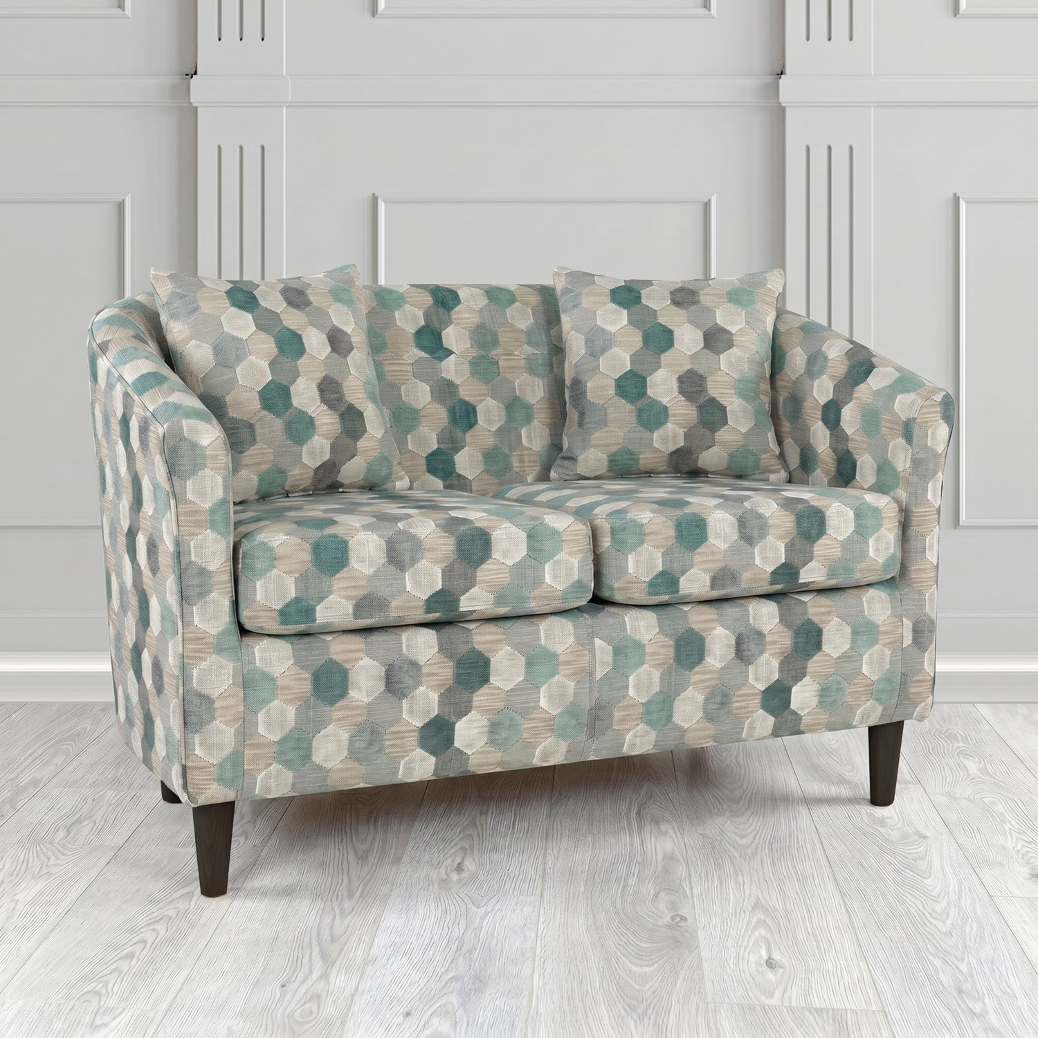 St Tropez 2 Seater Tub Sofa in Cristina Marrone Extravaganza Honeycomb Velvet Pattern Fabric with Scatter Cushion