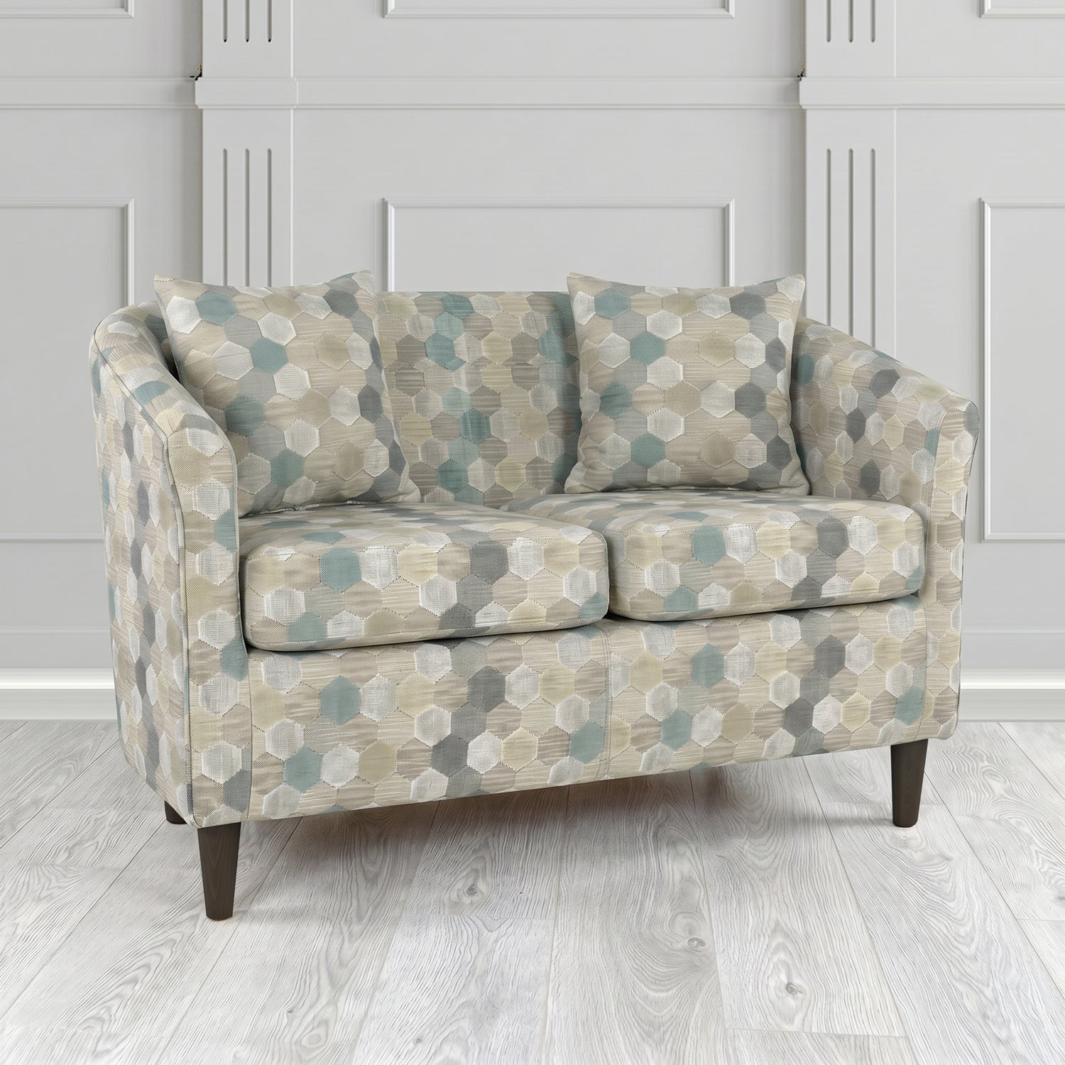 St Tropez 2 Seater Tub Sofa in Cristina Marrone Extravaganza Honeycomb Velvet Pattern Fabric with Scatter Cushion