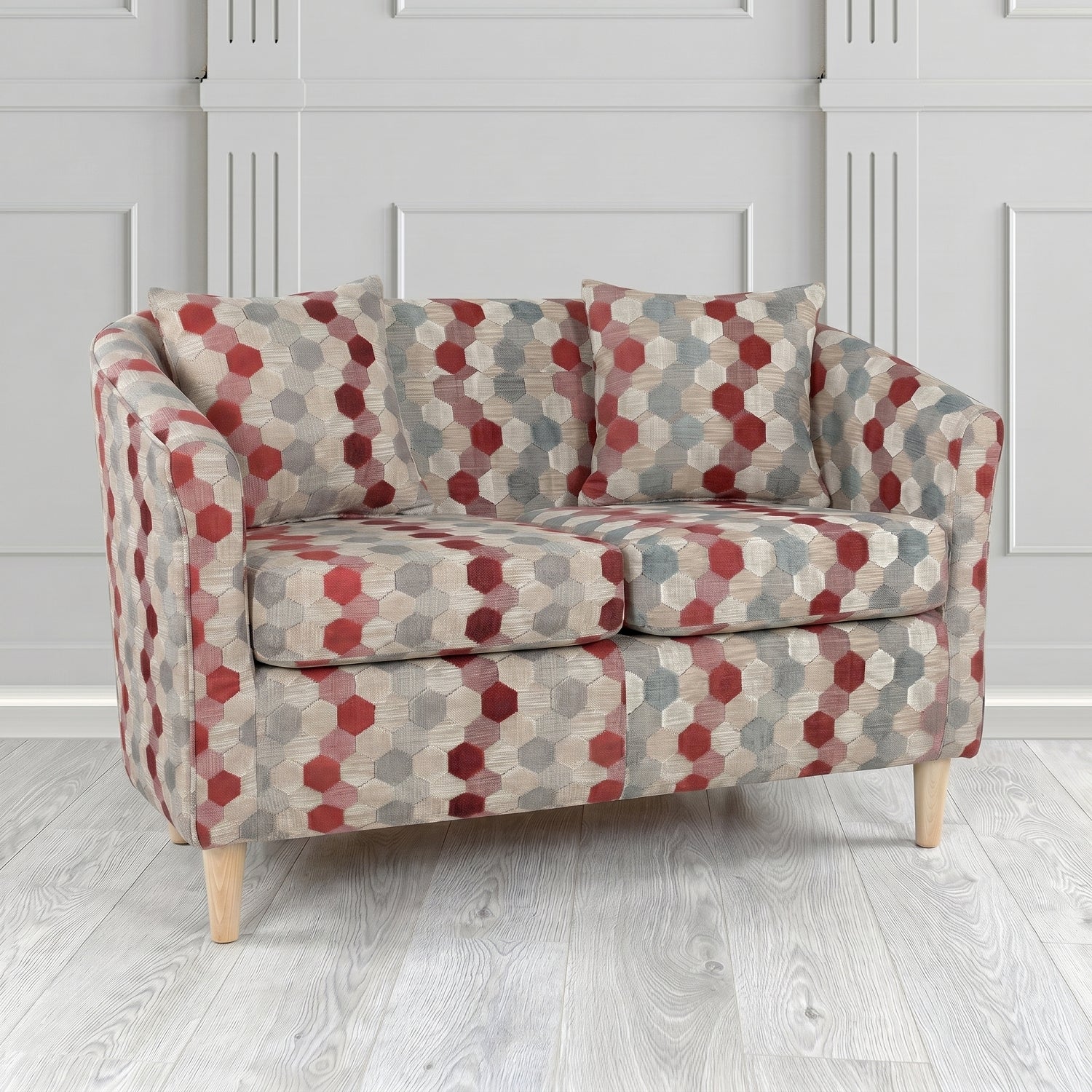 St Tropez 2 Seater Tub Sofa in Cristina Marrone Extravaganza Honeycomb Velvet Pattern Fabric with Scatter Cushion