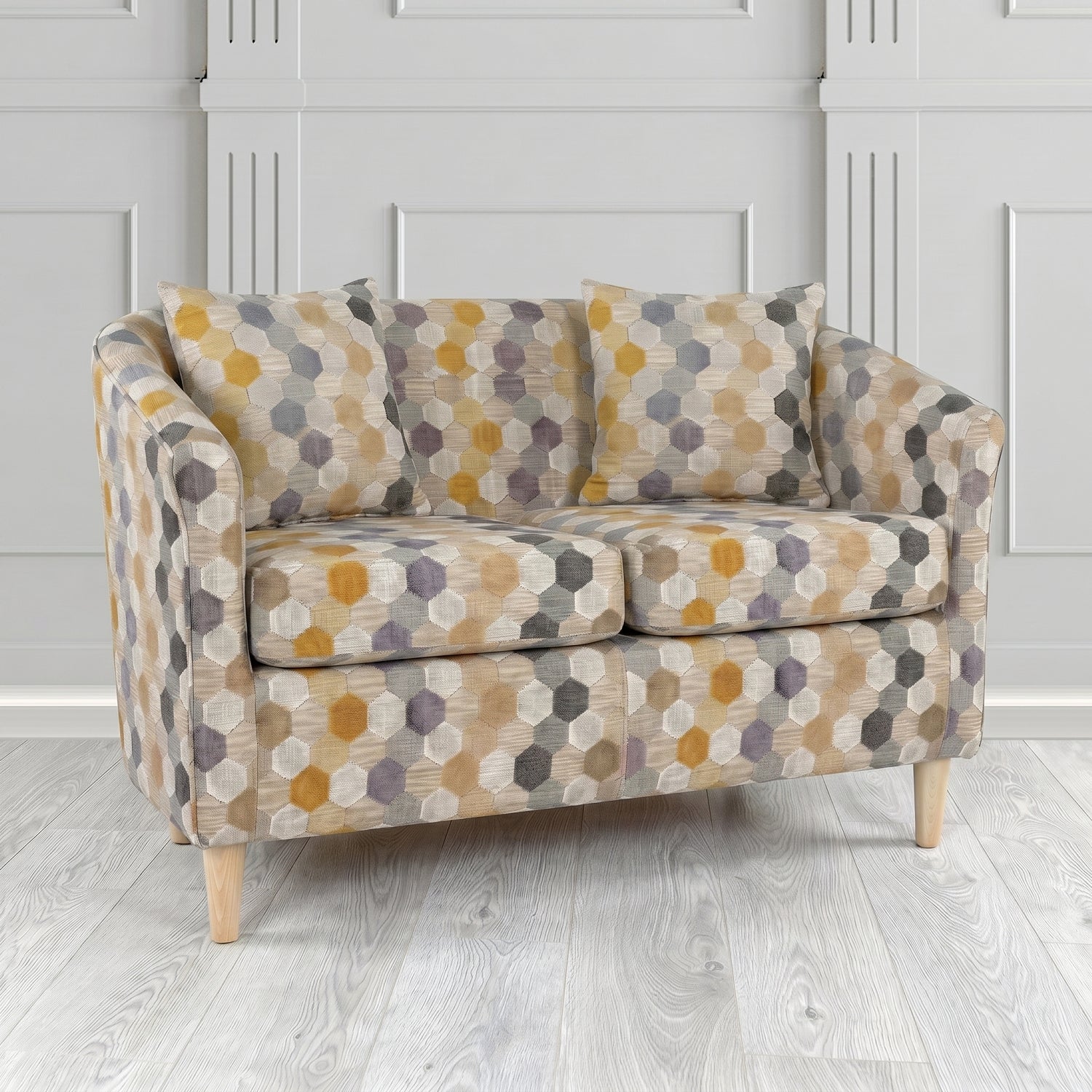 St Tropez 2 Seater Tub Sofa in Cristina Marrone Extravaganza Honeycomb Velvet Pattern Fabric with Scatter Cushion