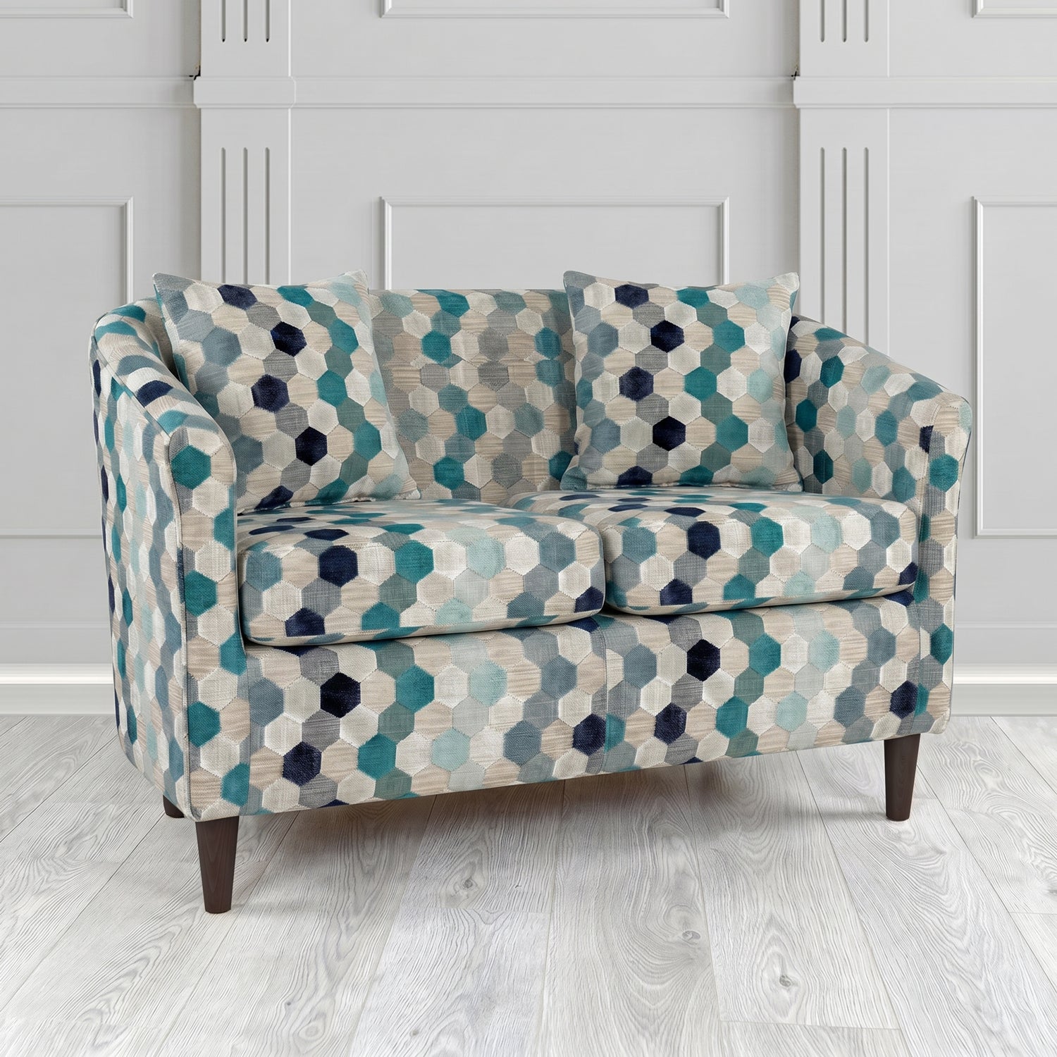 St Tropez 2 Seater Tub Sofa in Cristina Marrone Extravaganza Honeycomb Velvet Pattern Fabric with Scatter Cushion