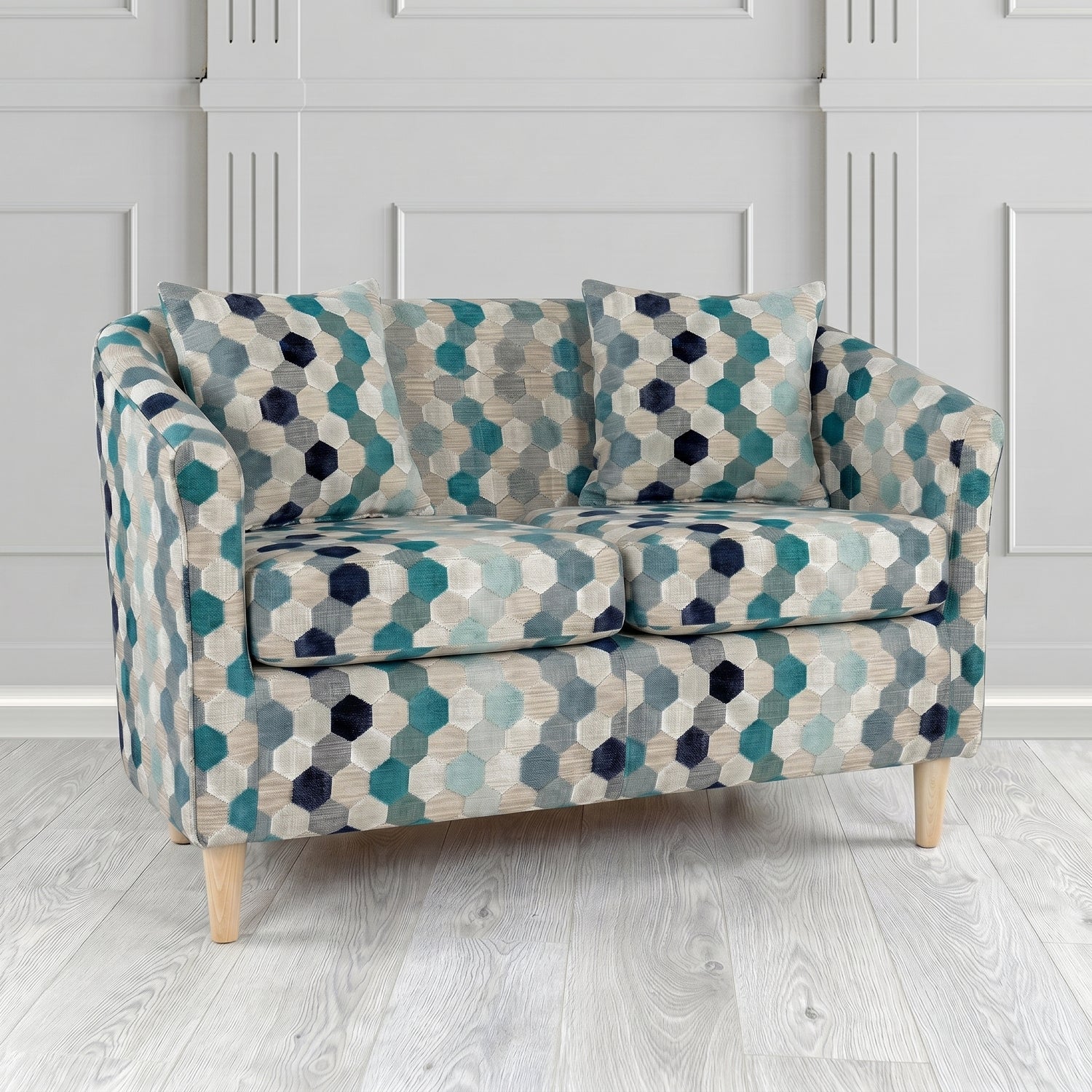 St Tropez 2 Seater Tub Sofa in Cristina Marrone Extravaganza Honeycomb Velvet Pattern Fabric with Scatter Cushion