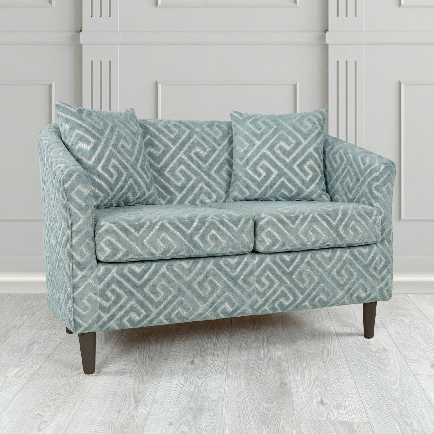 St Tropez 2 Seater Tub Sofa in Cristina Marrone Extravaganza Greek Key Geometric Fabric with Scatter Cushion