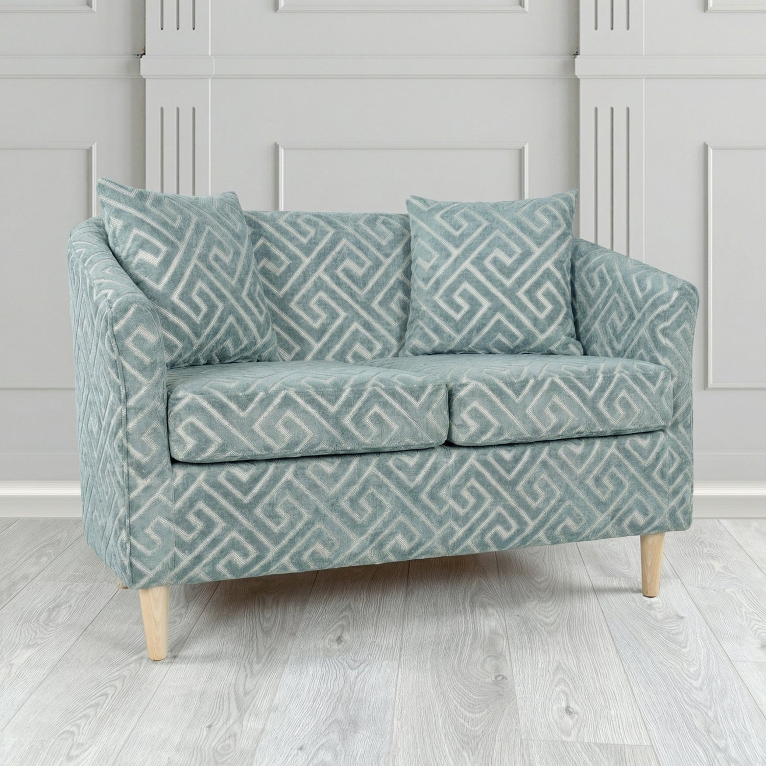 St Tropez 2 Seater Tub Sofa in Cristina Marrone Extravaganza Greek Key Geometric Fabric with Scatter Cushion
