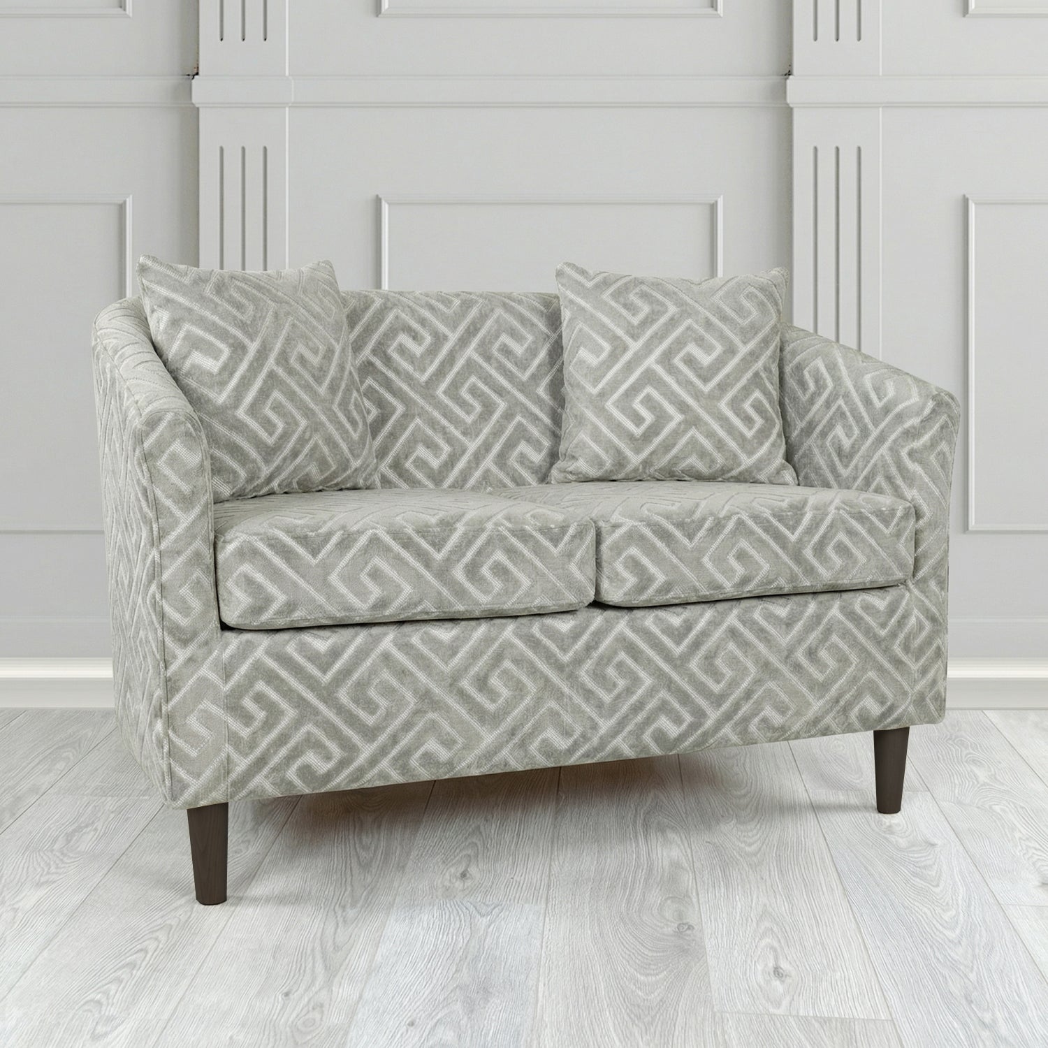 St Tropez 2 Seater Tub Sofa in Cristina Marrone Extravaganza Greek Key Geometric Fabric with Scatter Cushion