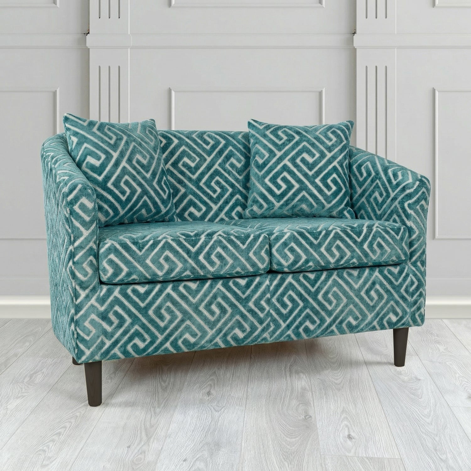 St Tropez 2 Seater Tub Sofa in Cristina Marrone Extravaganza Greek Key Geometric Fabric with Scatter Cushion