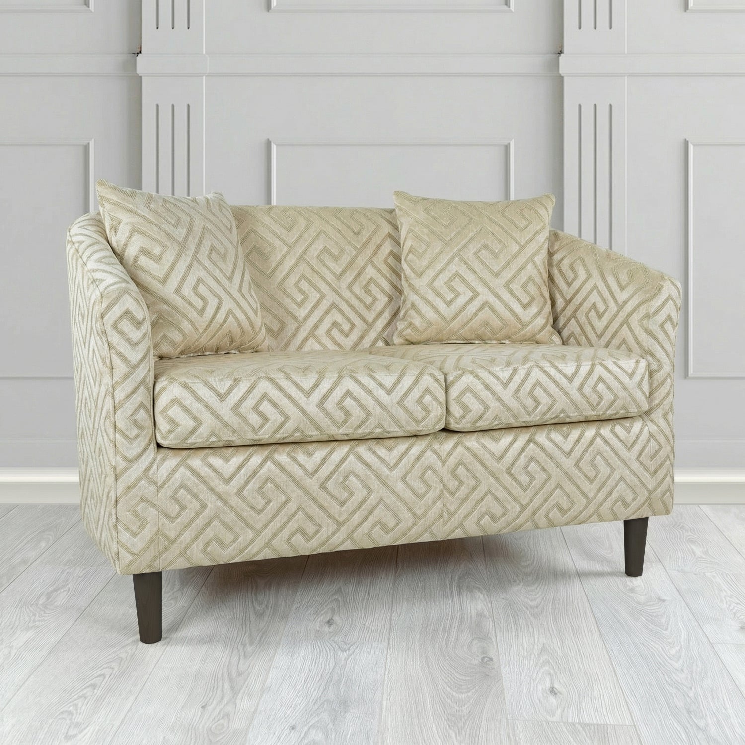 St Tropez 2 Seater Tub Sofa in Cristina Marrone Extravaganza Greek Key Geometric Fabric with Scatter Cushion