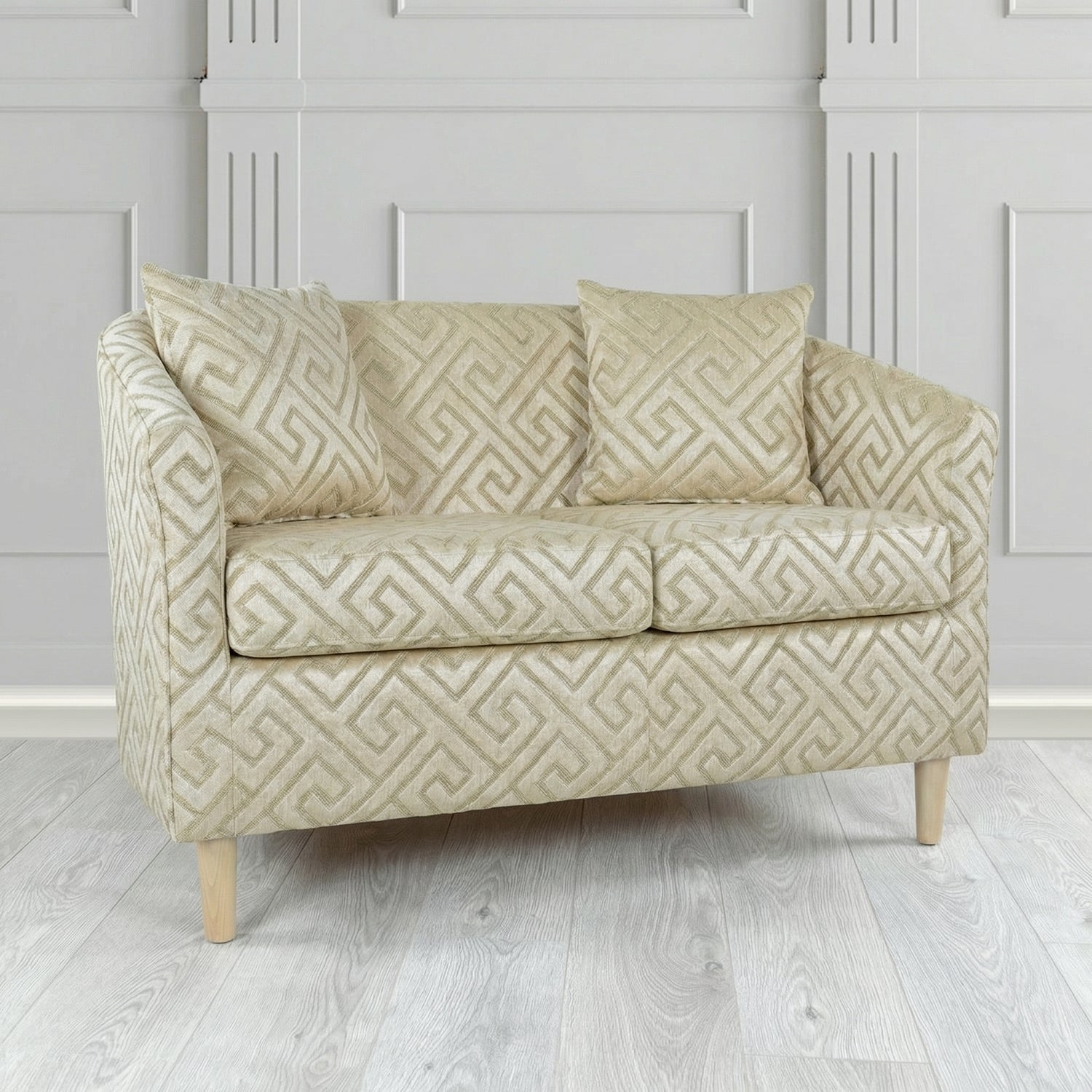 St Tropez 2 Seater Tub Sofa in Cristina Marrone Extravaganza Greek Key Geometric Fabric with Scatter Cushion