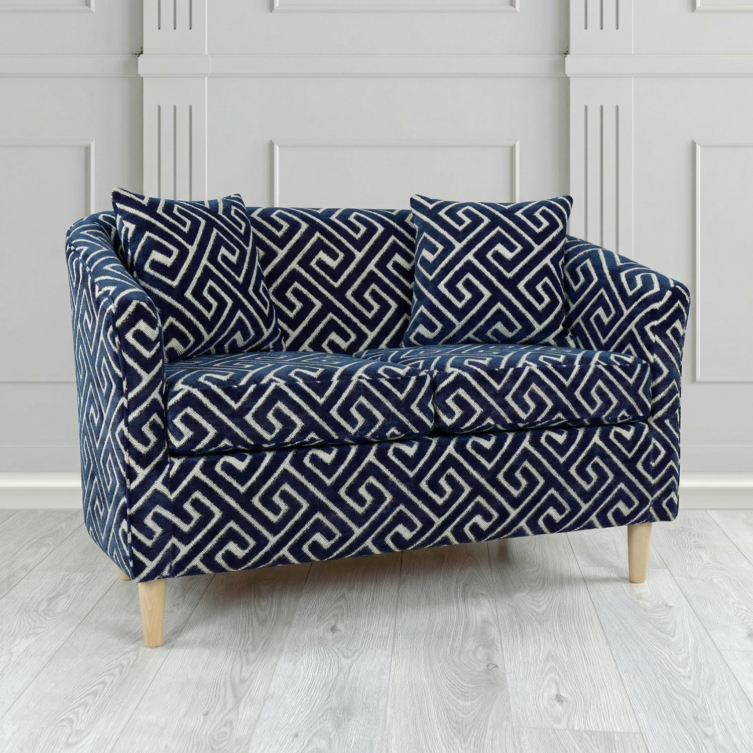 St Tropez 2 Seater Tub Sofa in Cristina Marrone Extravaganza Greek Key Geometric Fabric with Scatter Cushion