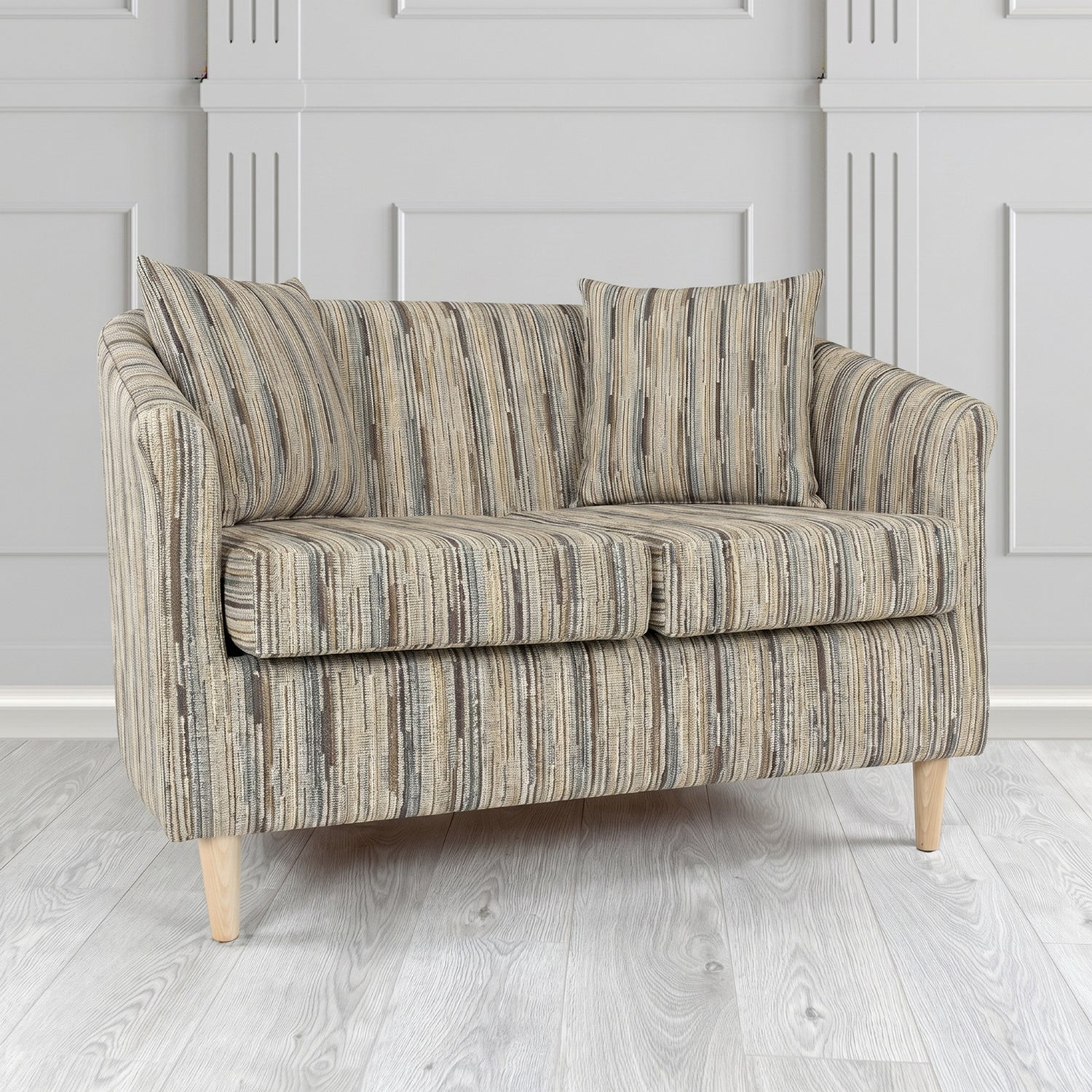 St Tropez 2 Seater Tub Sofa in Cristina Marrone Extravaganza Stripe Fabric with Scatter Cushion
