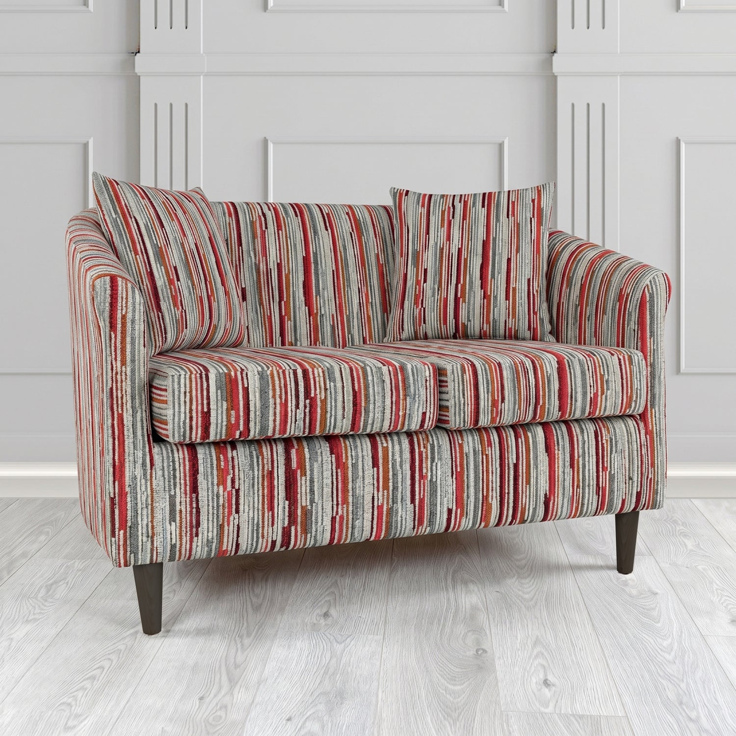 St Tropez 2 Seater Tub Sofa in Cristina Marrone Extravaganza Stripe Fabric with Scatter Cushion