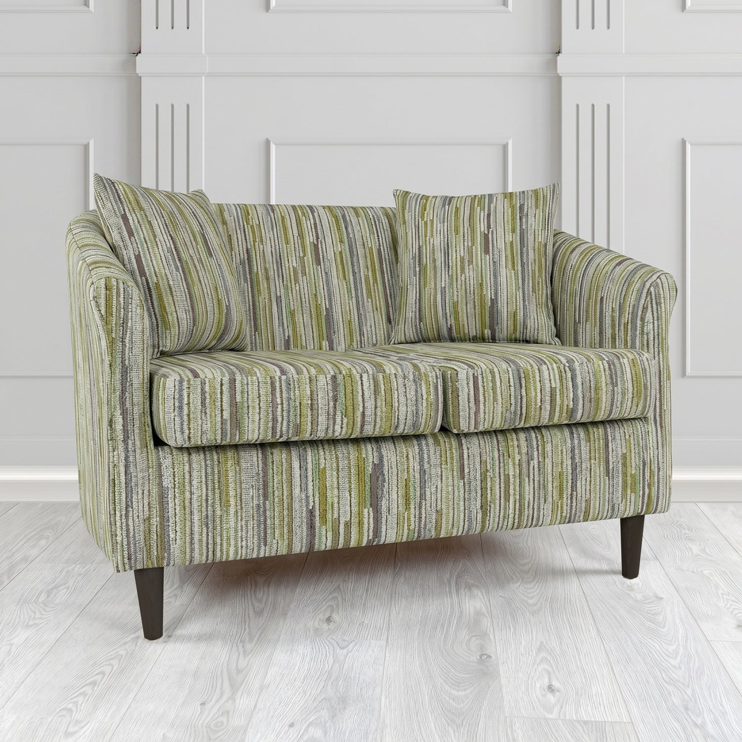 St Tropez 2 Seater Tub Sofa in Cristina Marrone Extravaganza Stripe Fabric with Scatter Cushion