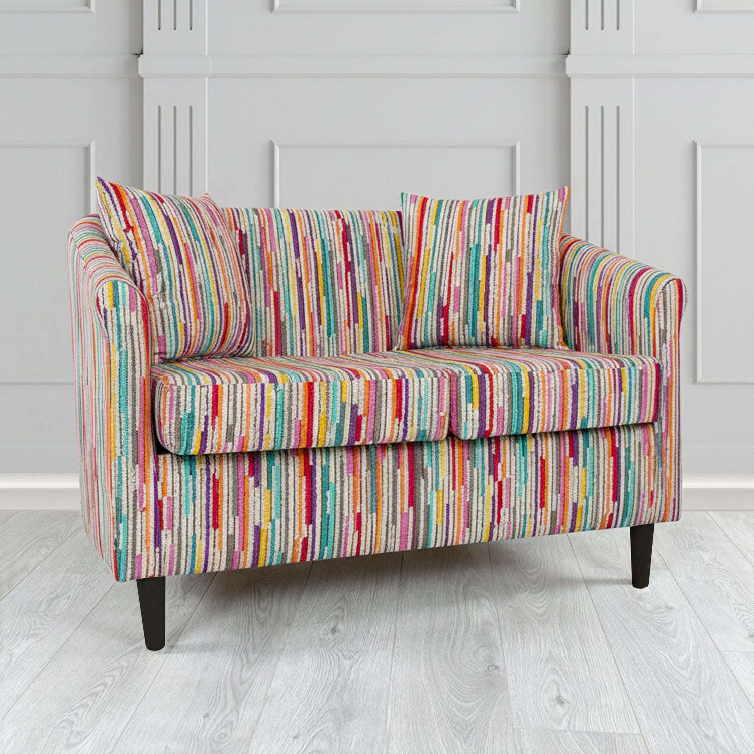St Tropez 2 Seater Tub Sofa in Cristina Marrone Extravaganza Stripe Fabric with Scatter Cushion