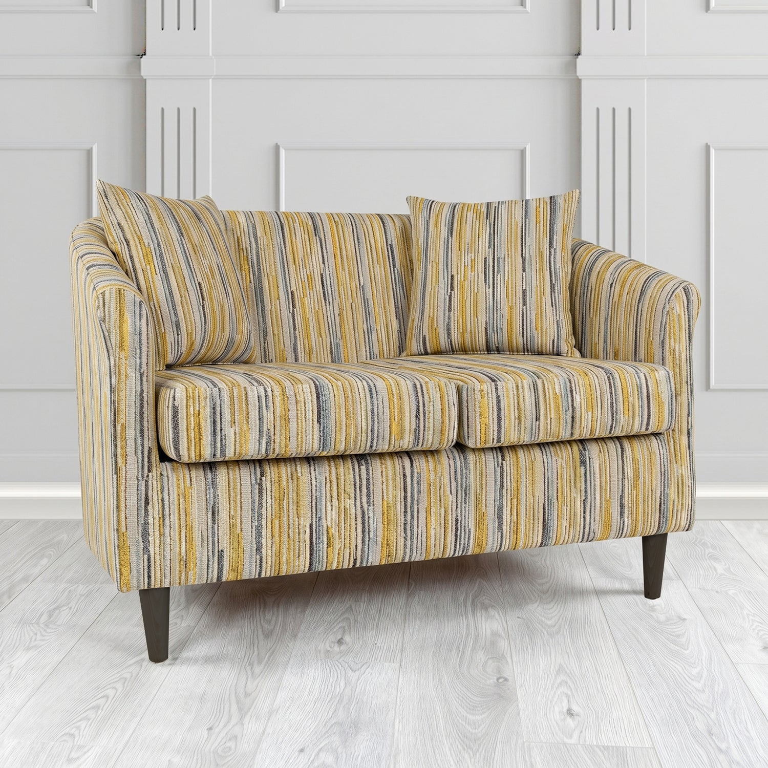 St Tropez 2 Seater Tub Sofa in Cristina Marrone Extravaganza Stripe Fabric with Scatter Cushion