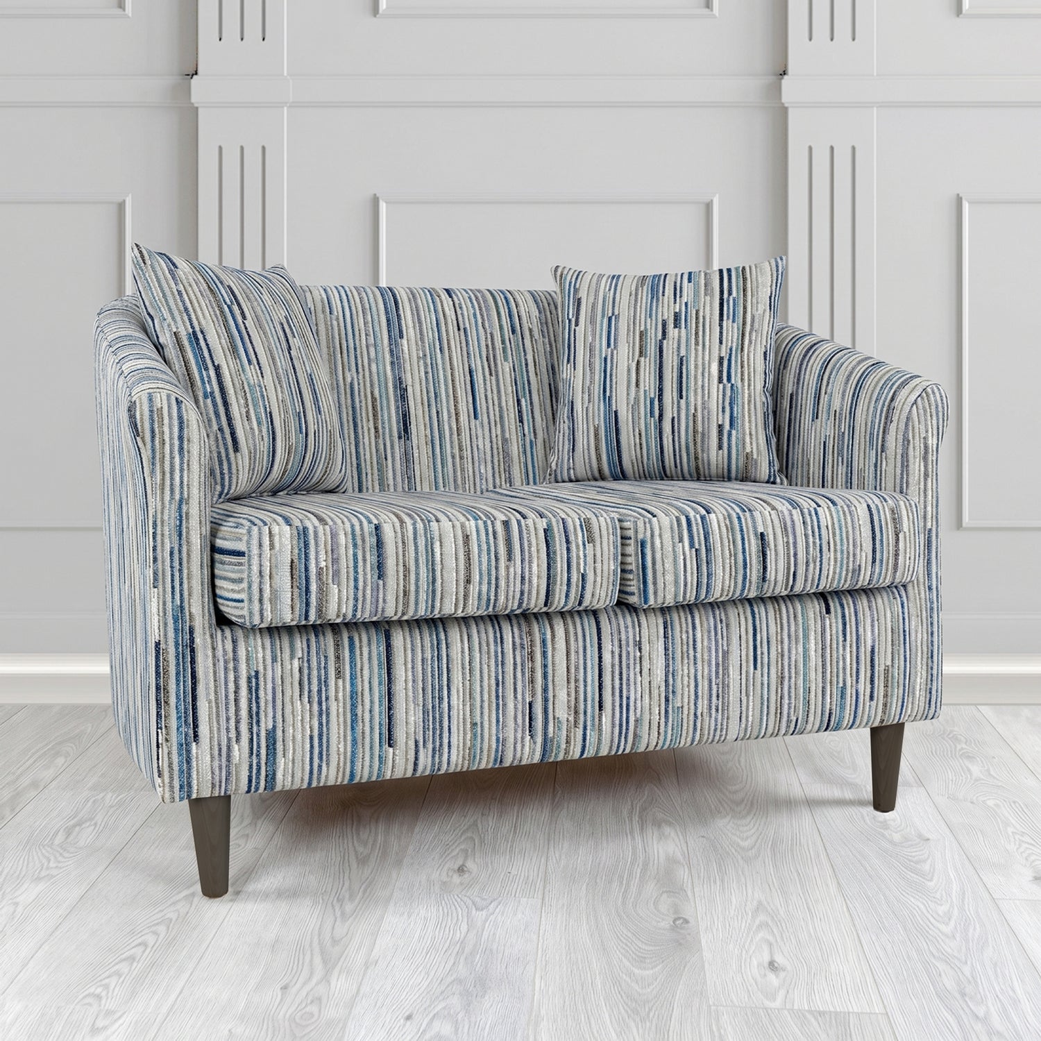 St Tropez 2 Seater Tub Sofa in Cristina Marrone Extravaganza Stripe Fabric with Scatter Cushion