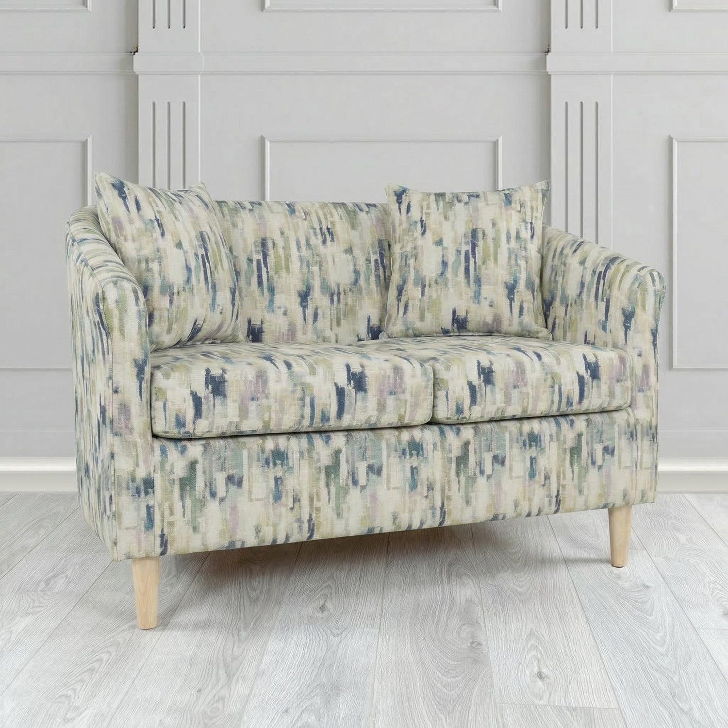 St Tropez 2 Seater Tub Sofa in Fryett's Aura Abstract Pattern Fabric with Scatter Cushion