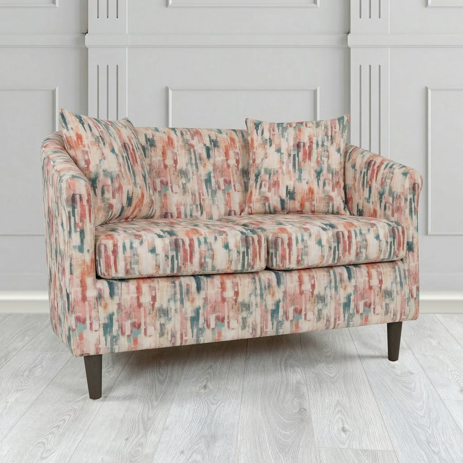 St Tropez 2 Seater Tub Sofa in Fryett's Aura Abstract Pattern Fabric with Scatter Cushion