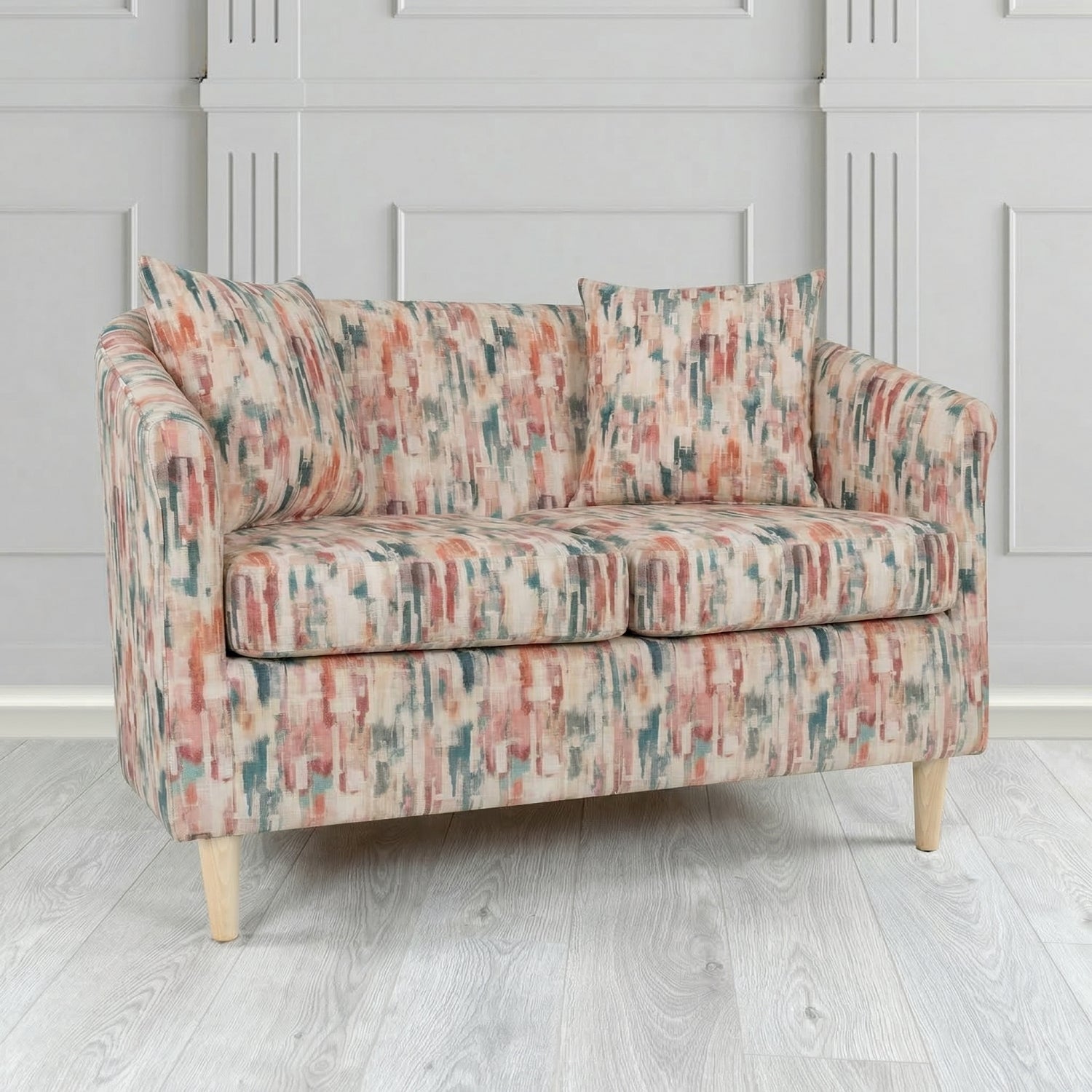 St Tropez 2 Seater Tub Sofa in Fryett's Aura Abstract Pattern Fabric with Scatter Cushion