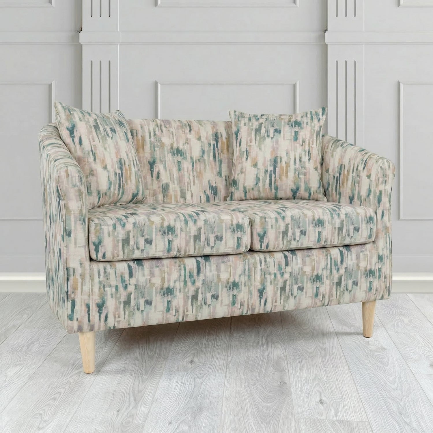 St Tropez 2 Seater Tub Sofa in Fryett's Aura Abstract Pattern Fabric with Scatter Cushion