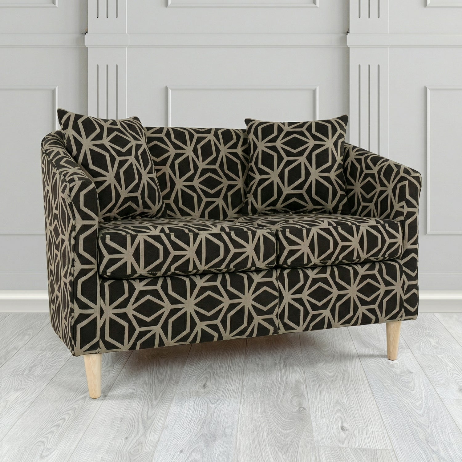 St Tropez 2 Seater Tub Sofa in Panaz Fabrics Lexington Corinthia Geometric Crib 5 Velvet Fabric with Scatter Cushion