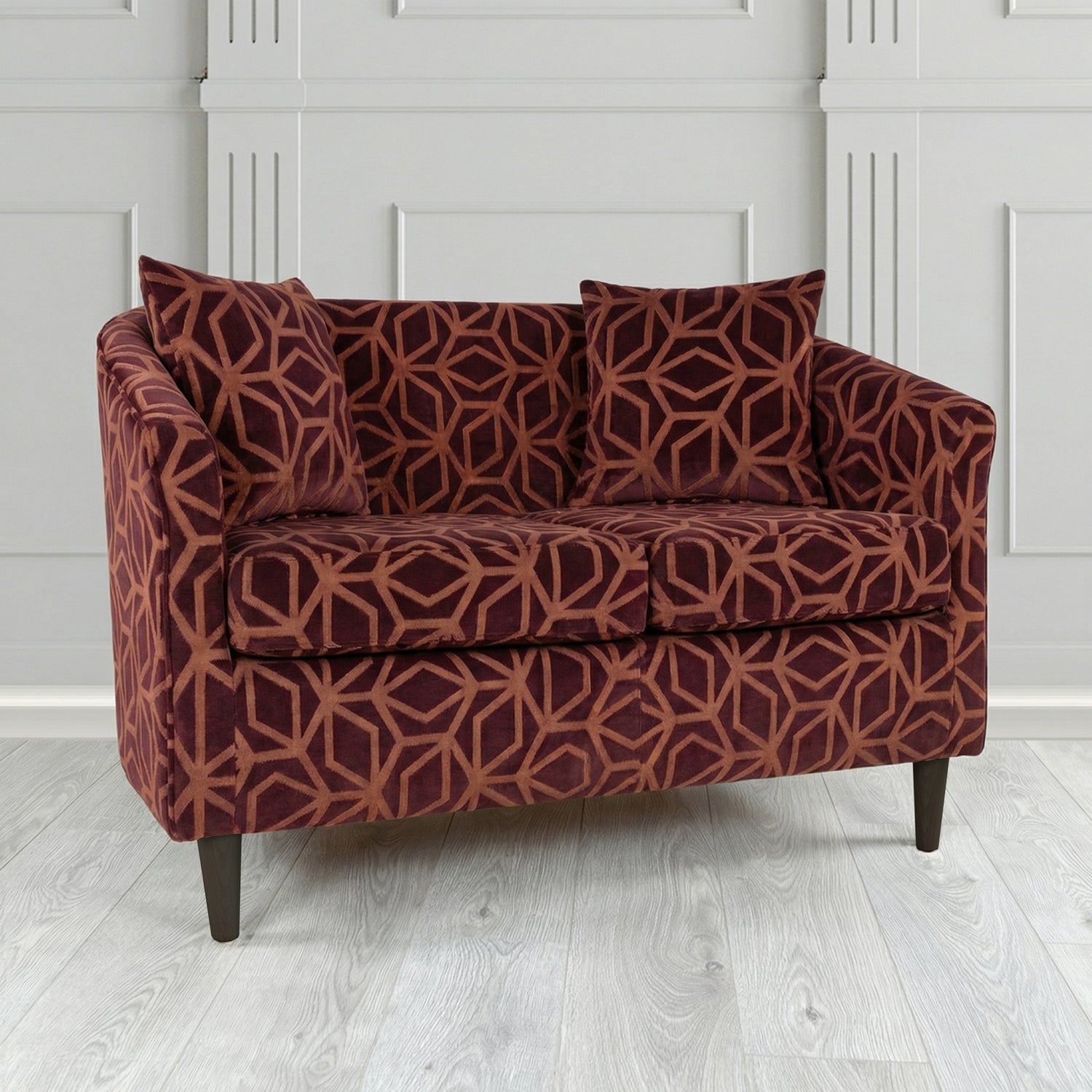 St Tropez 2 Seater Tub Sofa in Panaz Fabrics Lexington Corinthia Geometric Crib 5 Velvet Fabric with Scatter Cushion