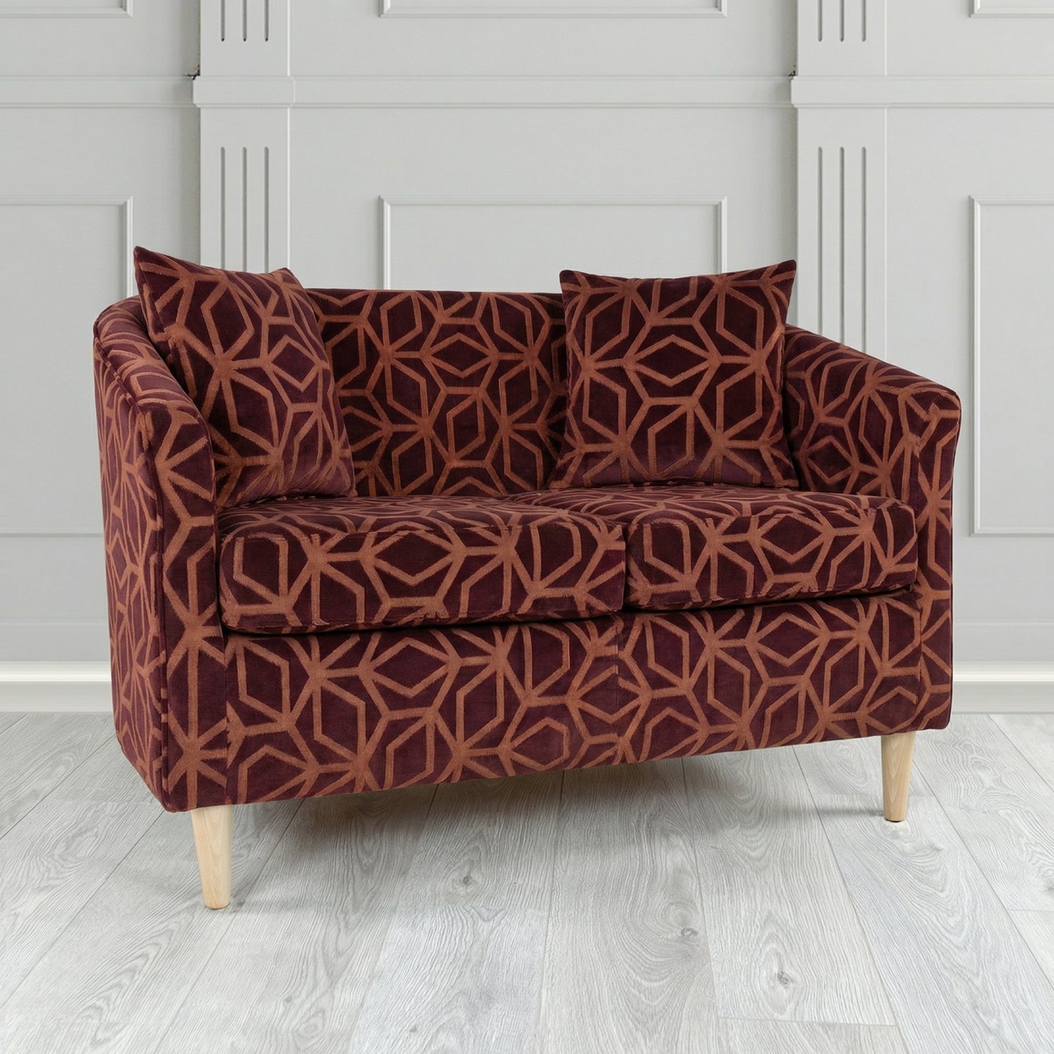 St Tropez 2 Seater Tub Sofa in Panaz Fabrics Lexington Corinthia Geometric Crib 5 Velvet Fabric with Scatter Cushion