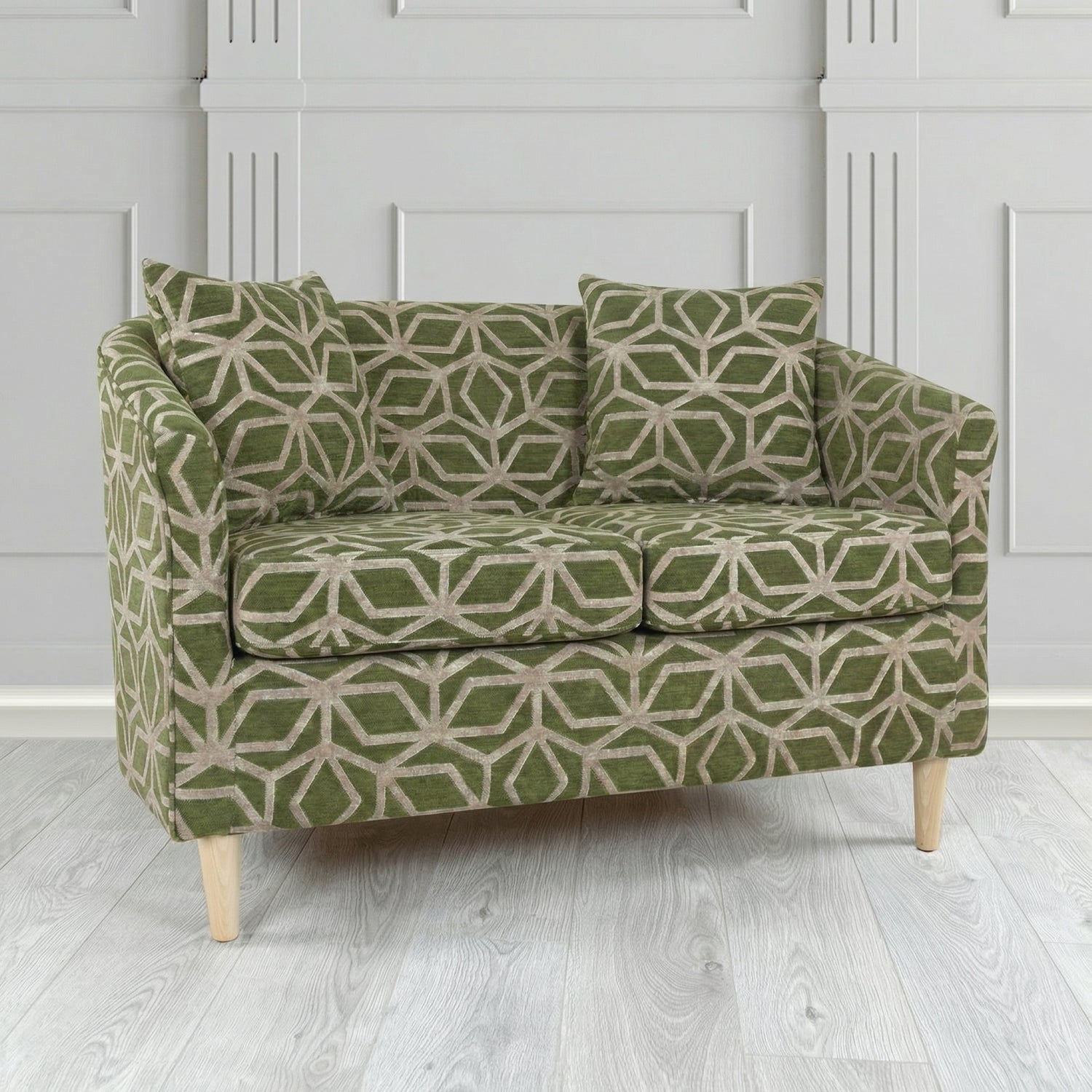 St Tropez 2 Seater Tub Sofa in Panaz Fabrics Lexington Corinthia Geometric Crib 5 Velvet Fabric with Scatter Cushion