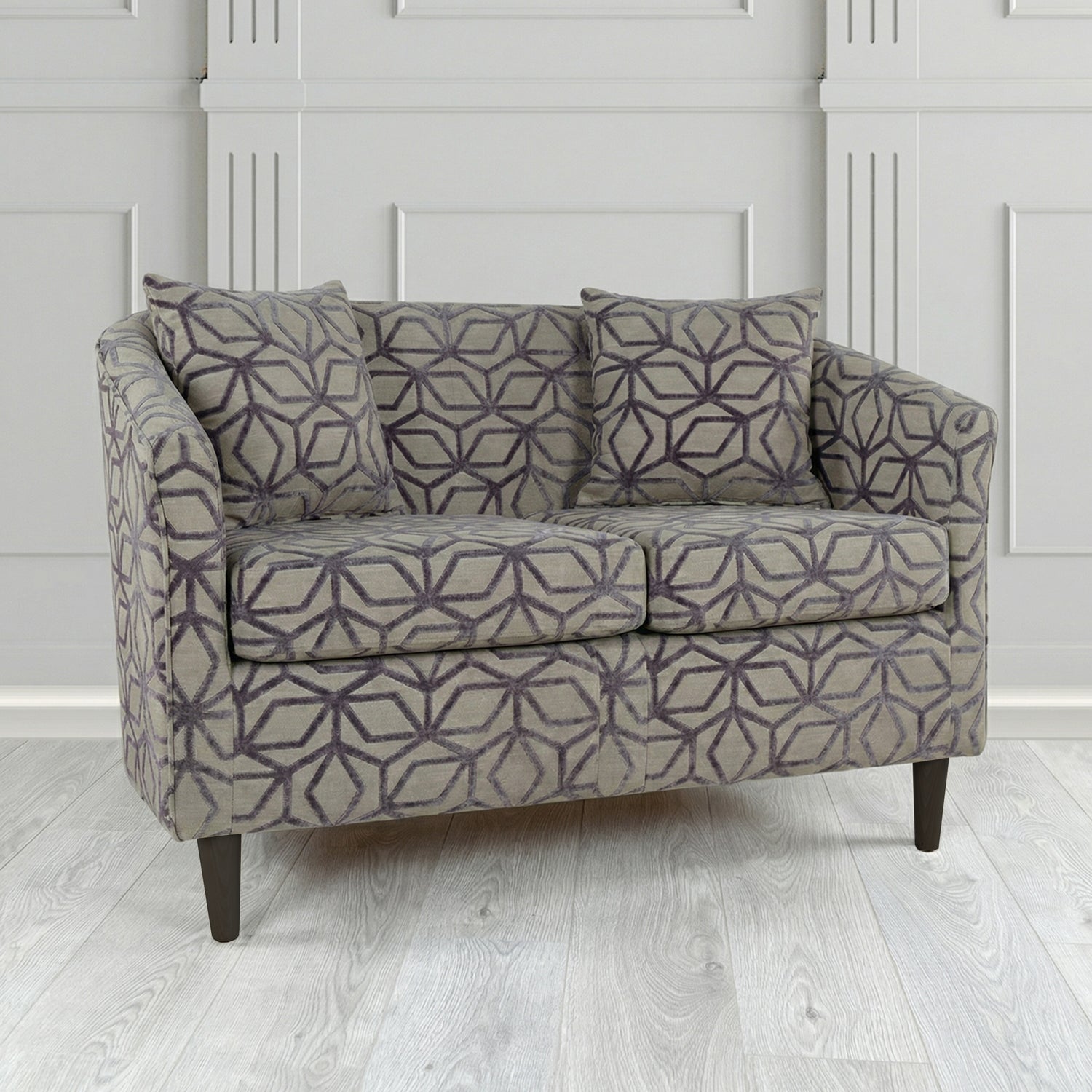 St Tropez 2 Seater Tub Sofa in Panaz Fabrics Lexington Corinthia Geometric Crib 5 Velvet Fabric with Scatter Cushion