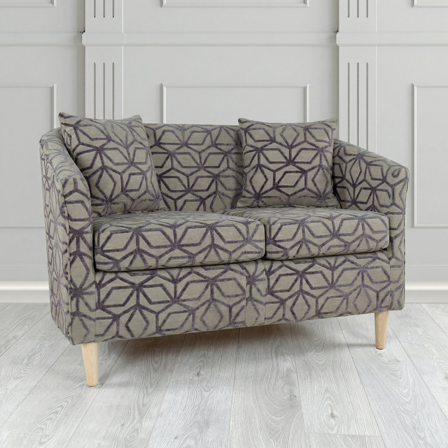 St Tropez 2 Seater Tub Sofa in Panaz Fabrics Lexington Corinthia Geometric Crib 5 Velvet Fabric with Scatter Cushion