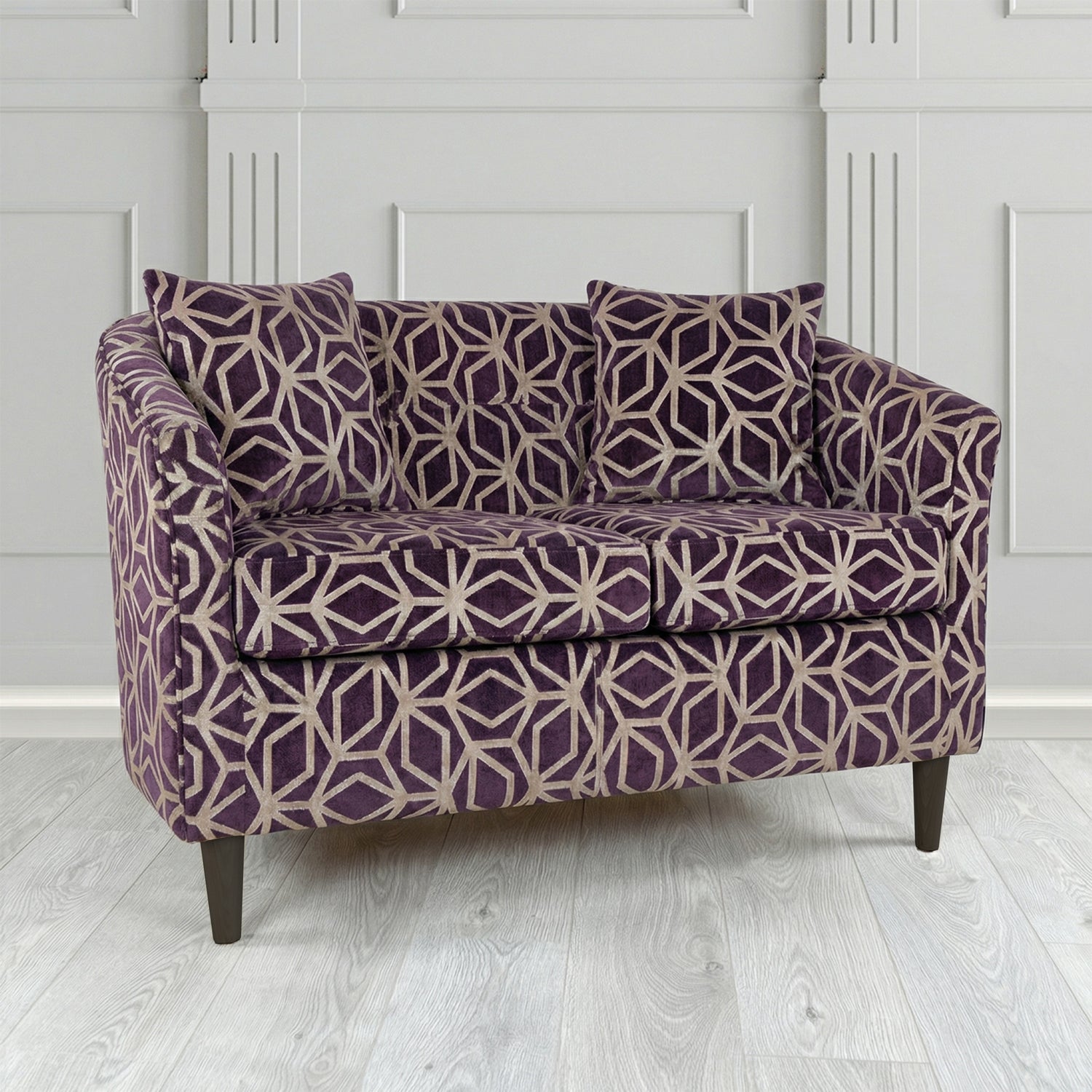 St Tropez 2 Seater Tub Sofa in Panaz Fabrics Lexington Corinthia Geometric Crib 5 Velvet Fabric with Scatter Cushion