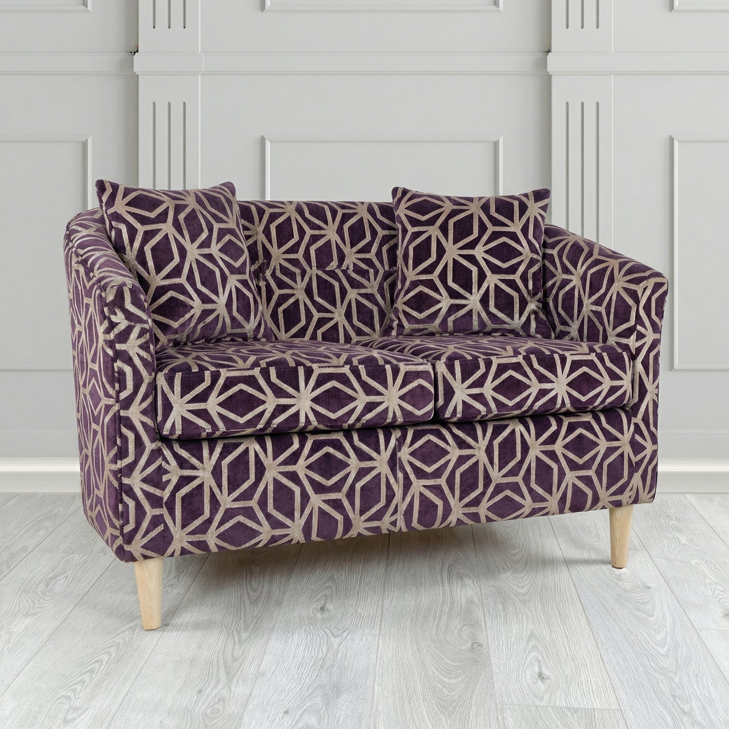 St Tropez 2 Seater Tub Sofa in Panaz Fabrics Lexington Corinthia Geometric Crib 5 Velvet Fabric with Scatter Cushion