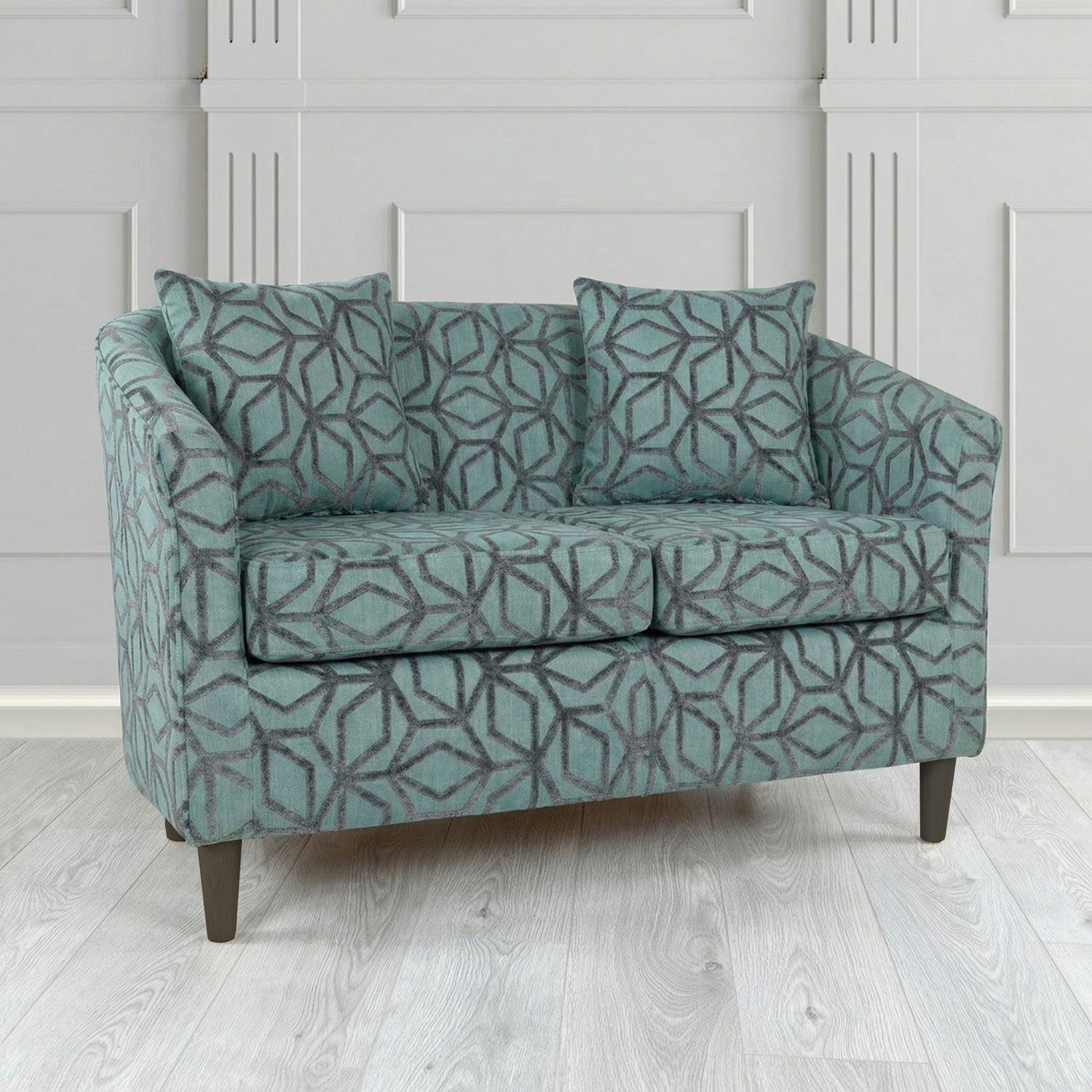 St Tropez 2 Seater Tub Sofa in Panaz Fabrics Lexington Corinthia Geometric Crib 5 Velvet Fabric with Scatter Cushion