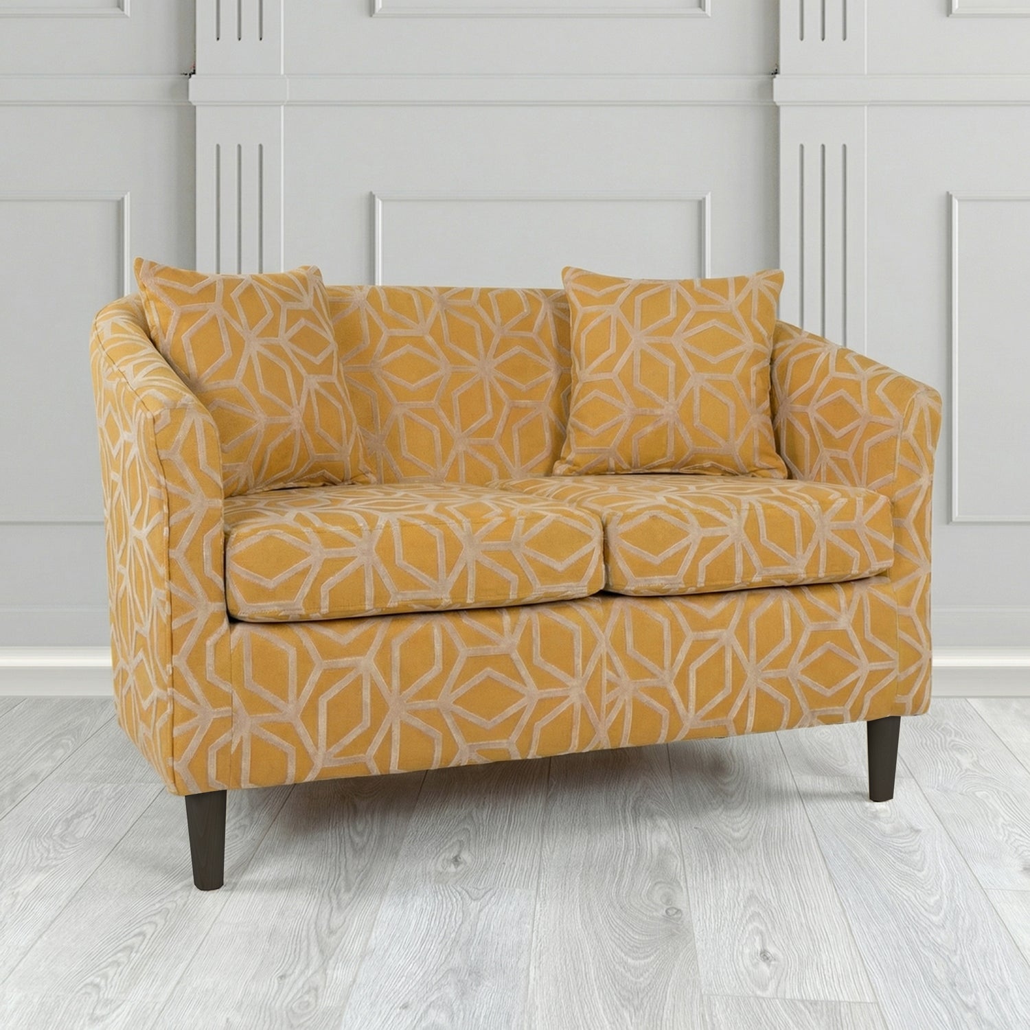 St Tropez 2 Seater Tub Sofa in Panaz Fabrics Lexington Corinthia Geometric Crib 5 Velvet Fabric with Scatter Cushion