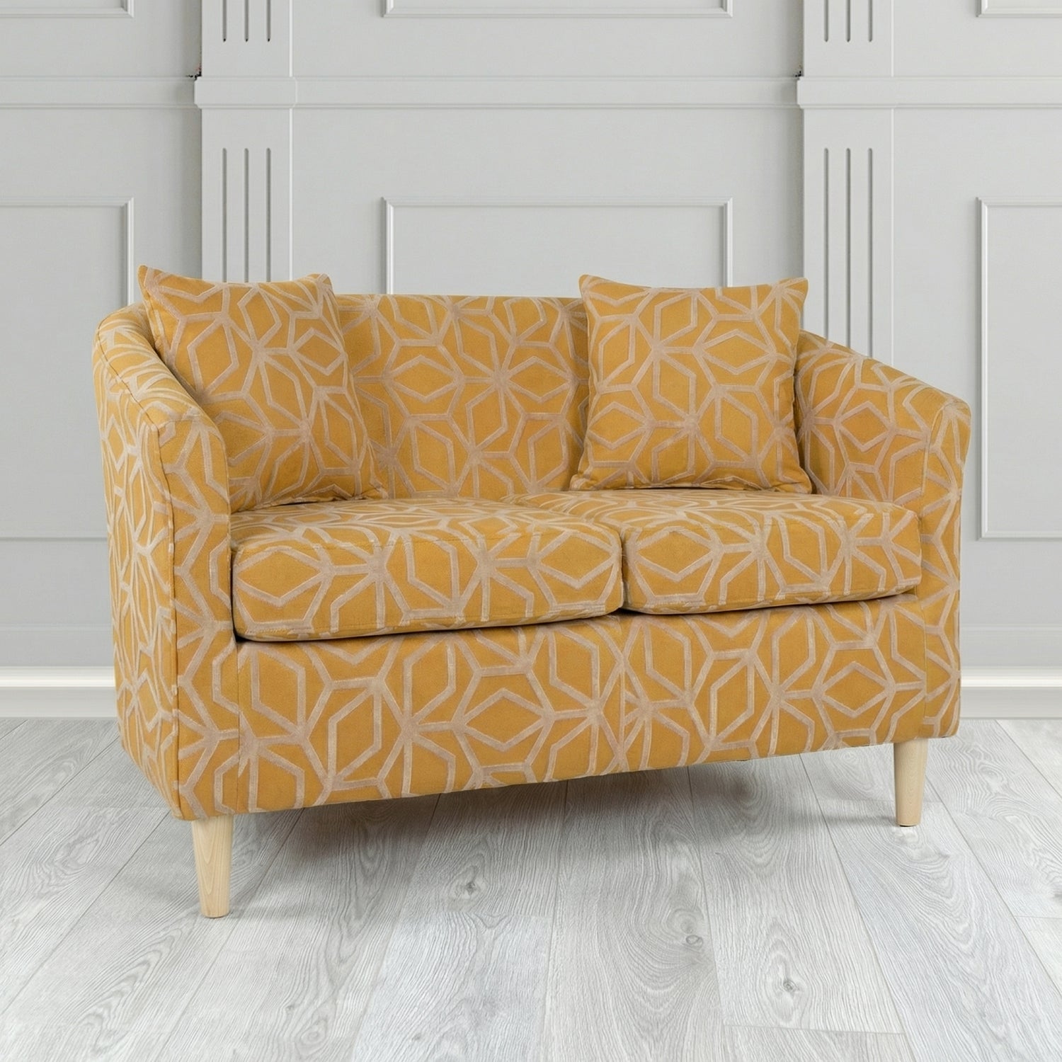St Tropez 2 Seater Tub Sofa in Panaz Fabrics Lexington Corinthia Geometric Crib 5 Velvet Fabric with Scatter Cushion