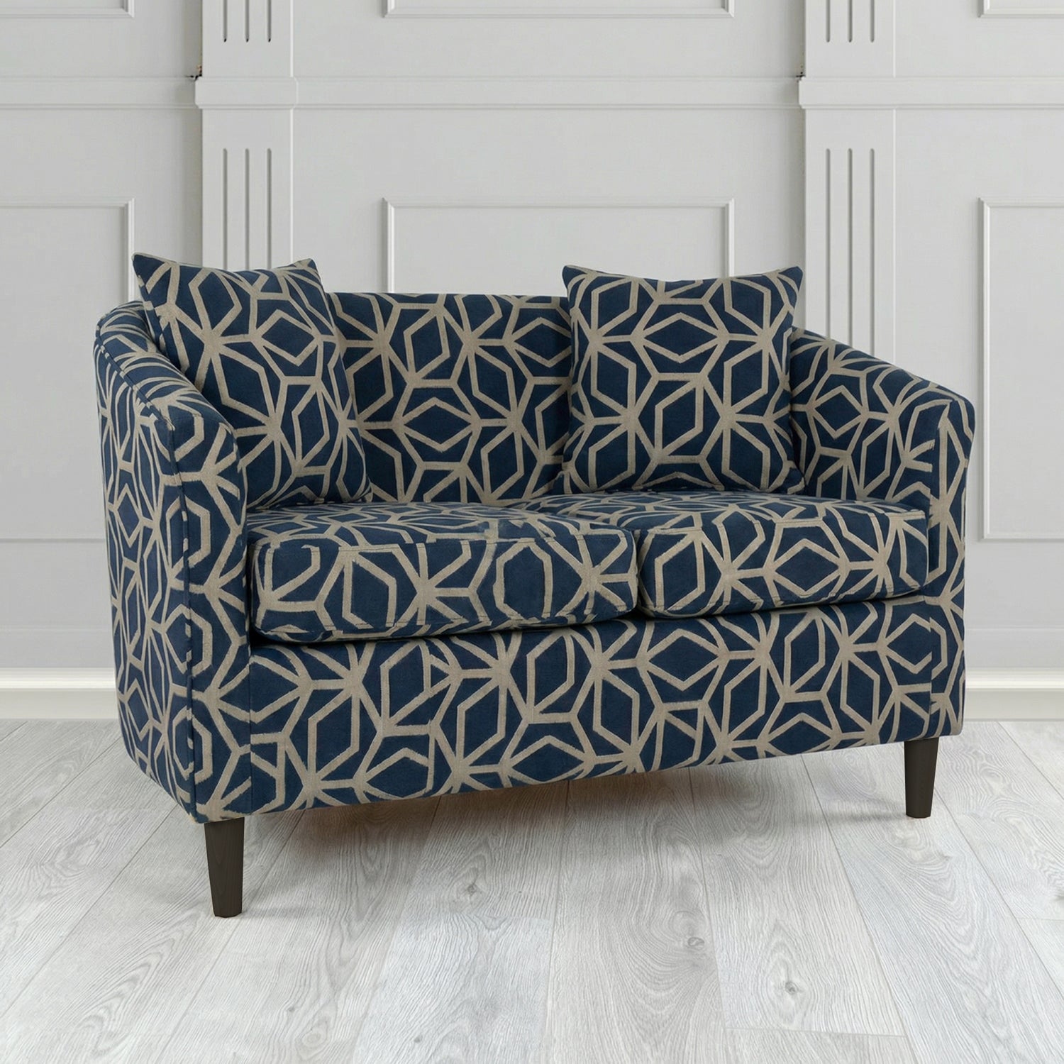 St Tropez 2 Seater Tub Sofa in Panaz Fabrics Lexington Corinthia Geometric Crib 5 Velvet Fabric with Scatter Cushion