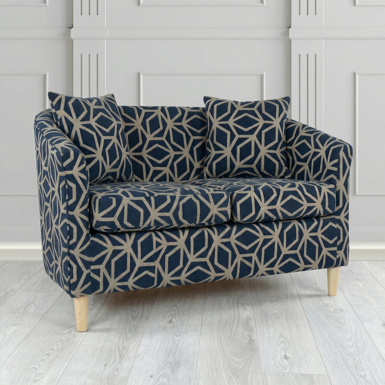 St Tropez 2 Seater Tub Sofa in Panaz Fabrics Lexington Corinthia Geometric Crib 5 Velvet Fabric with Scatter Cushion