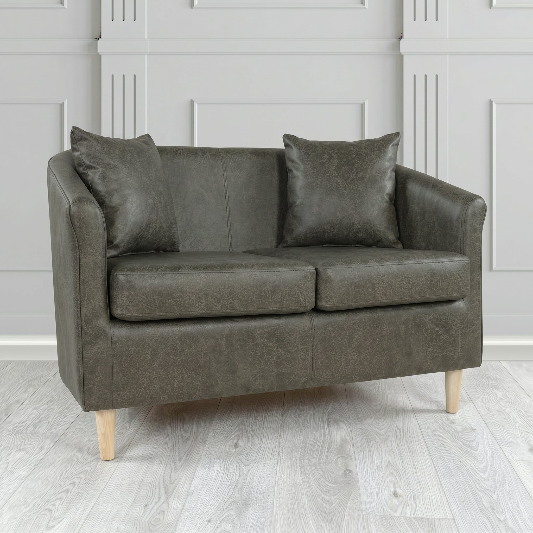 St Tropez 2 Seater Tub Sofa in Crest Leather Saloon Semi-Aniline Crib 5 Genuine Leather with Scatter Cushion