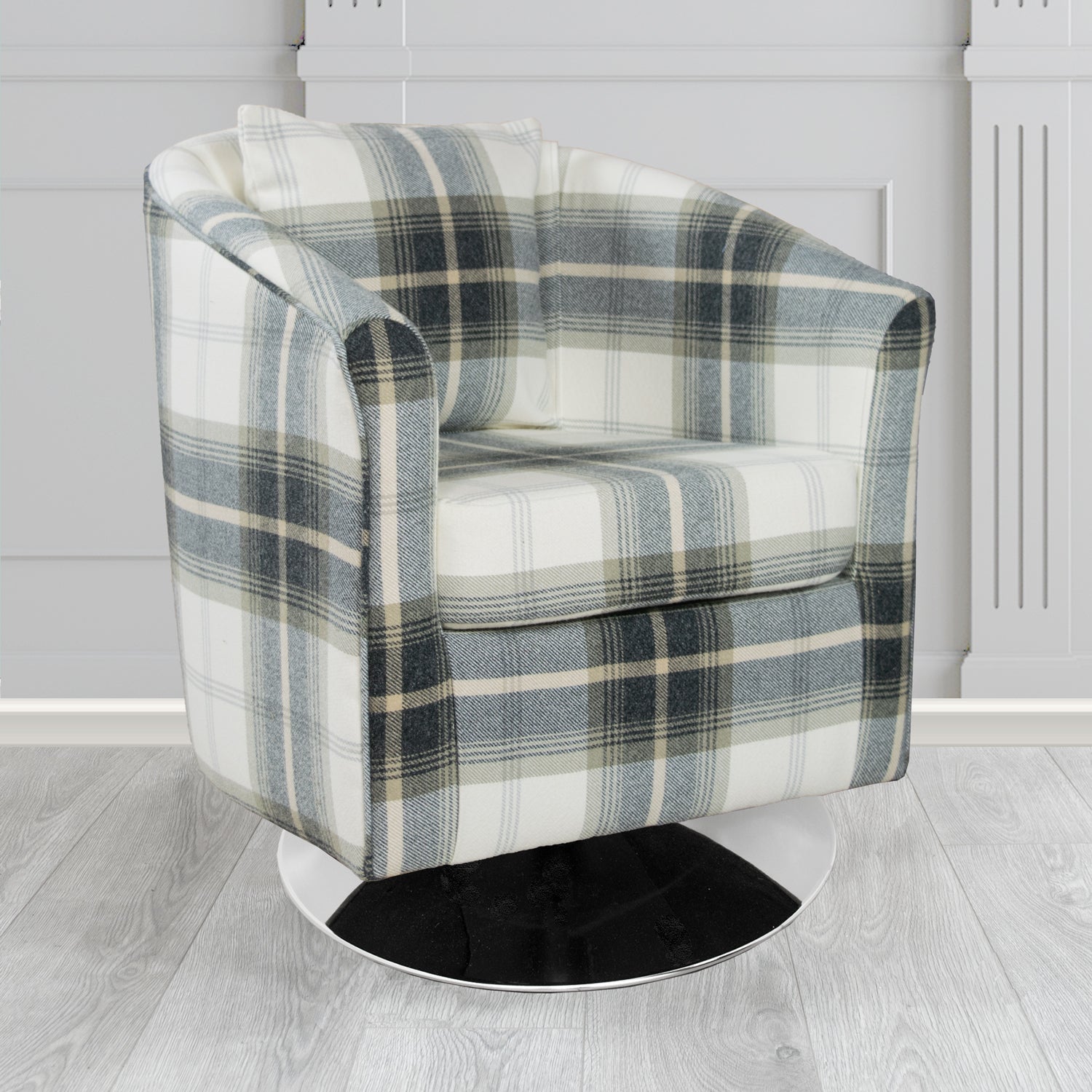 St Tropez Swivel Tub Chair in Balmoral Tartan Fabric with Scatter Cushion